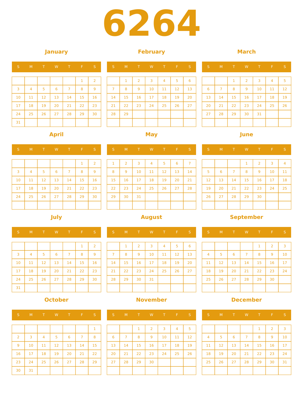 Printable 6264 Year Calendars gamboge