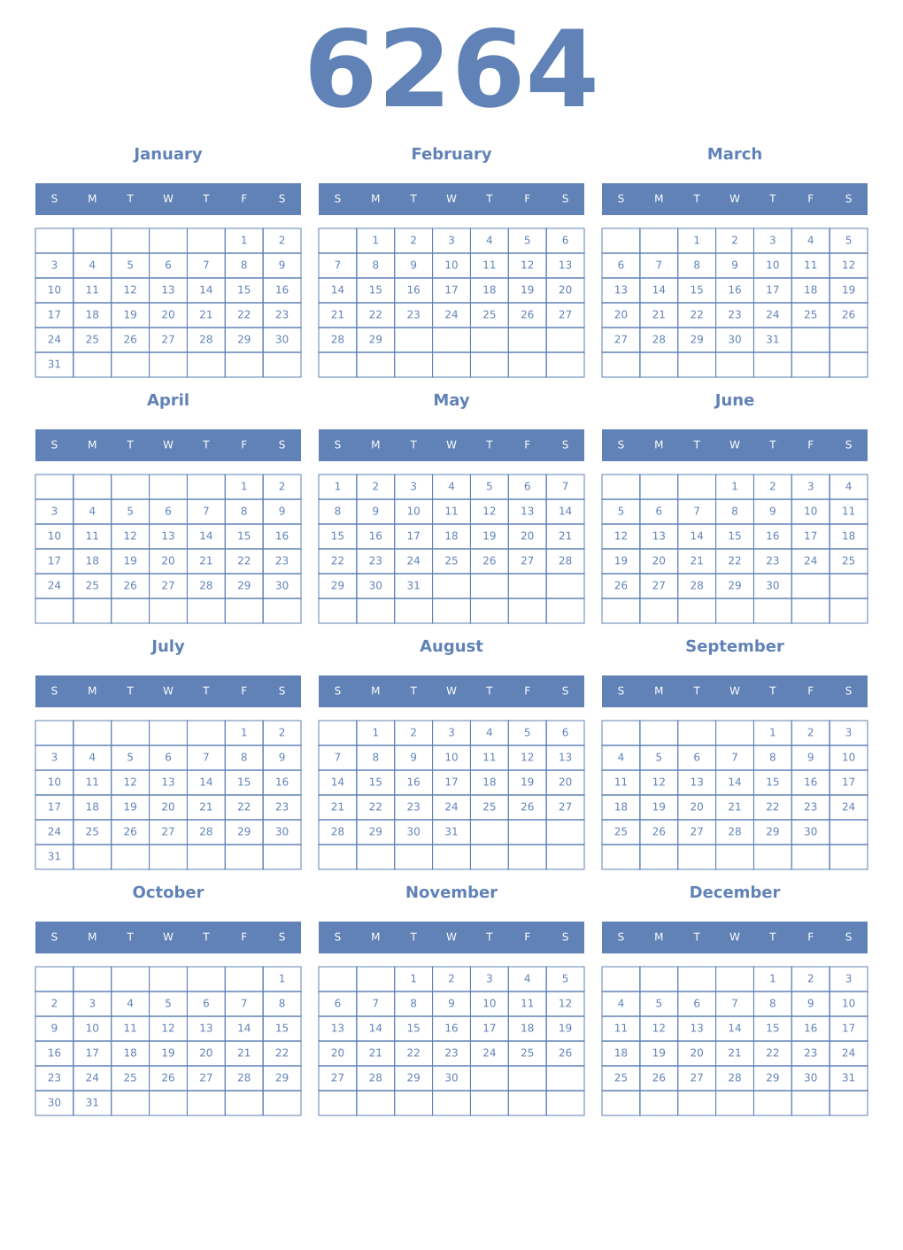 Printable 6264 Year Calendars glaucous