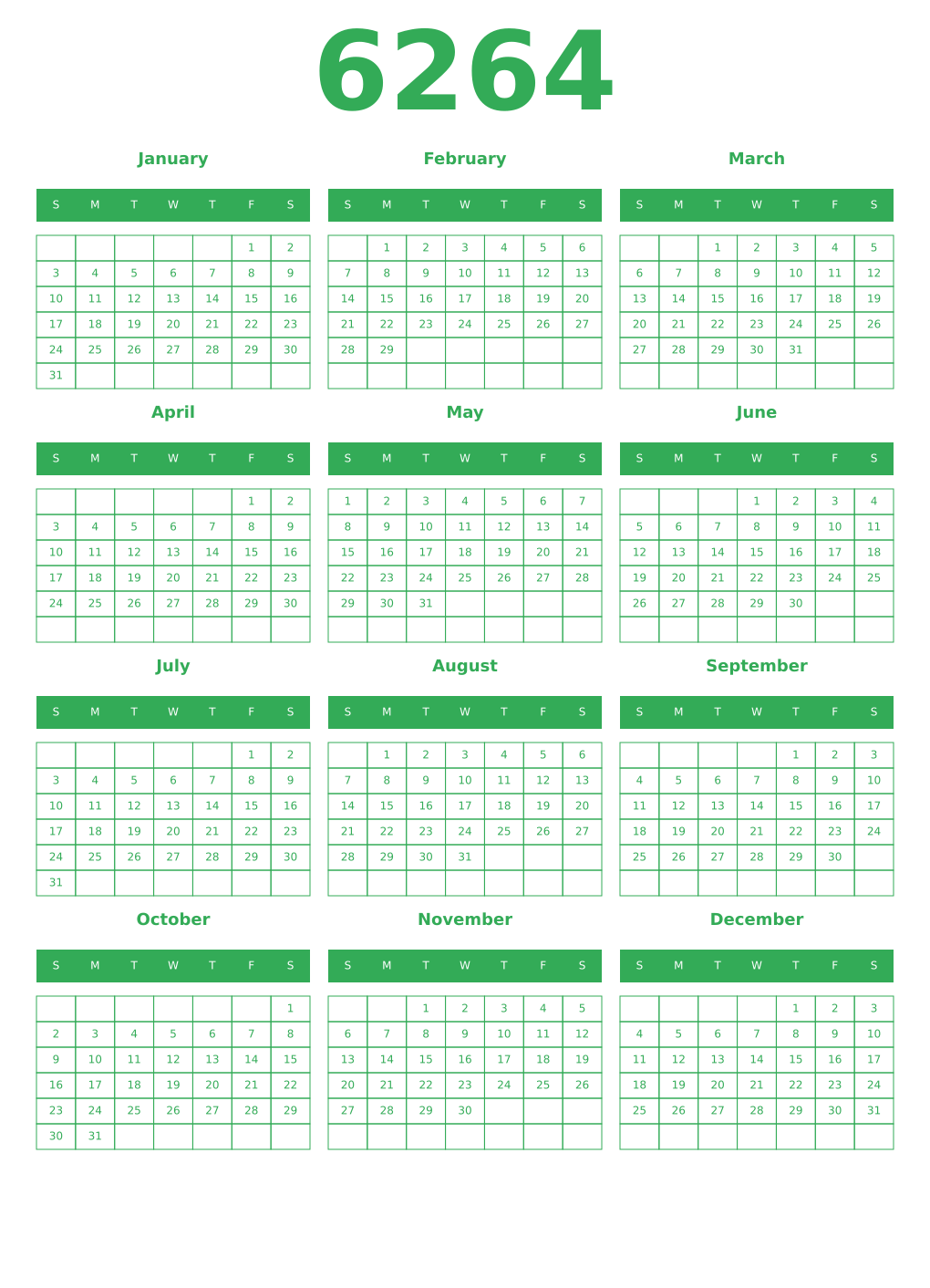 Printable 6264 Year Calendars green