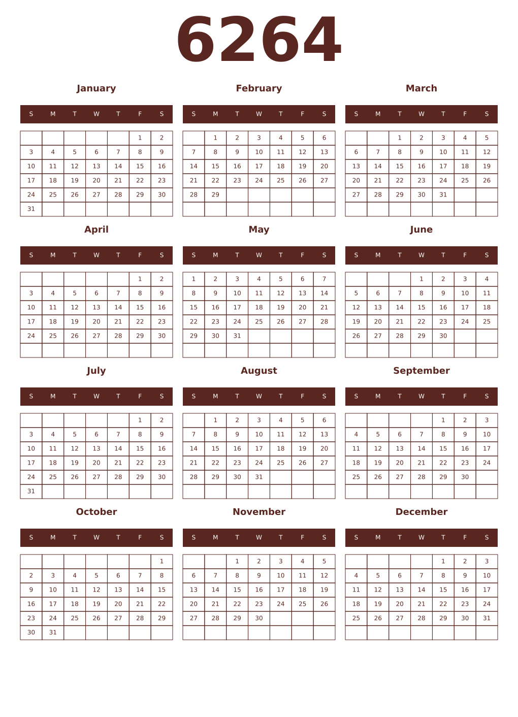 Printable 6264 Year Calendars mortuum