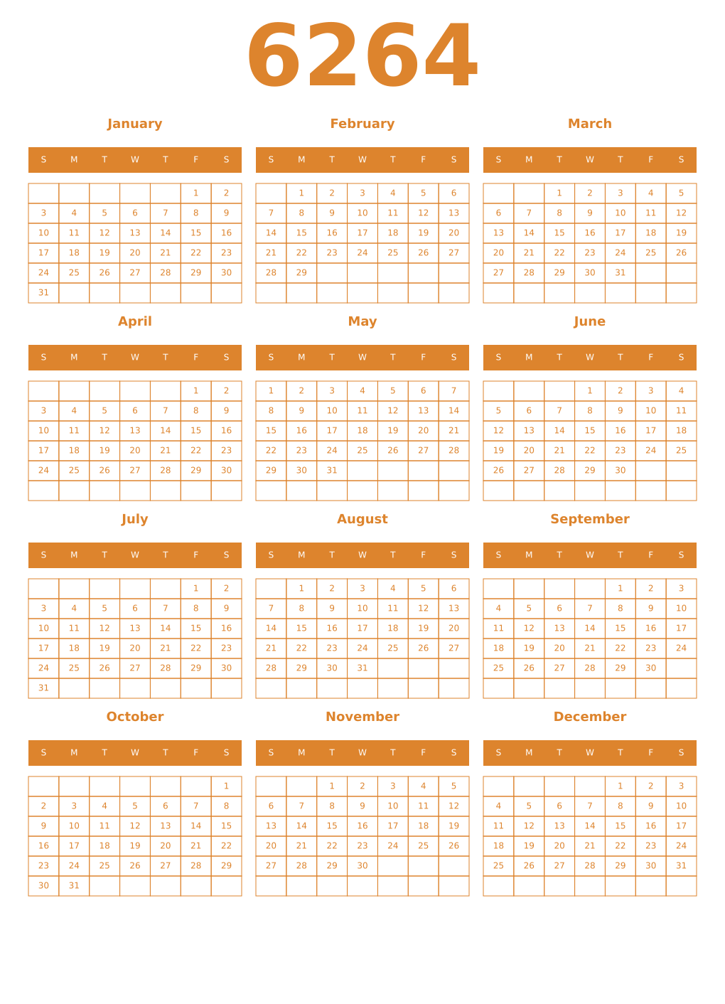 Printable 6264 Year Calendars orange