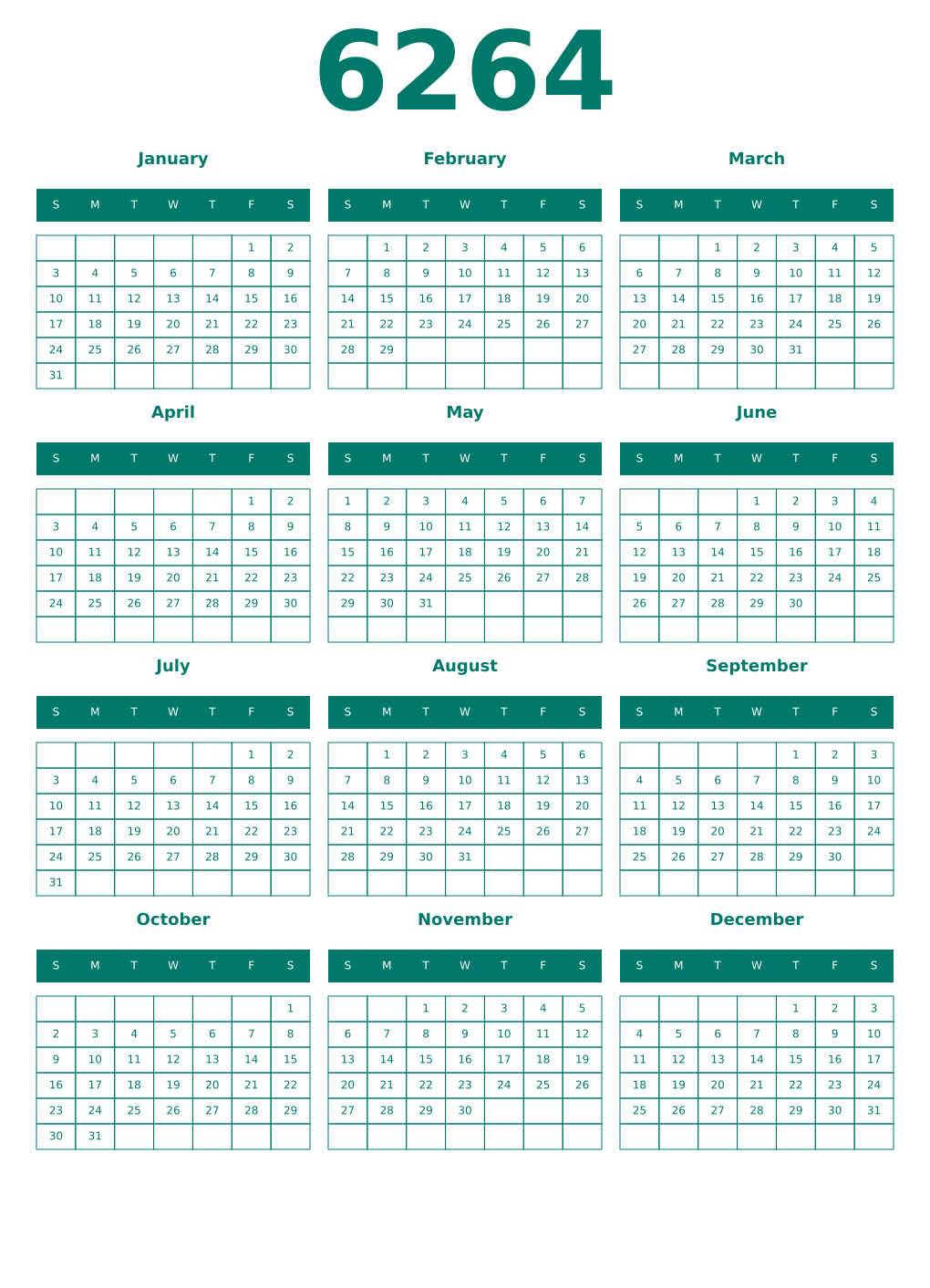 Printable 6264 Year Calendars pastel