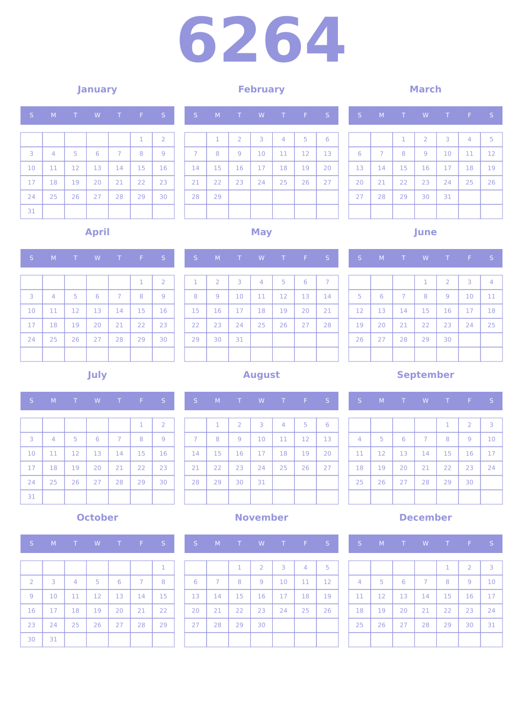 Printable 6264 Year Calendars periwinkle