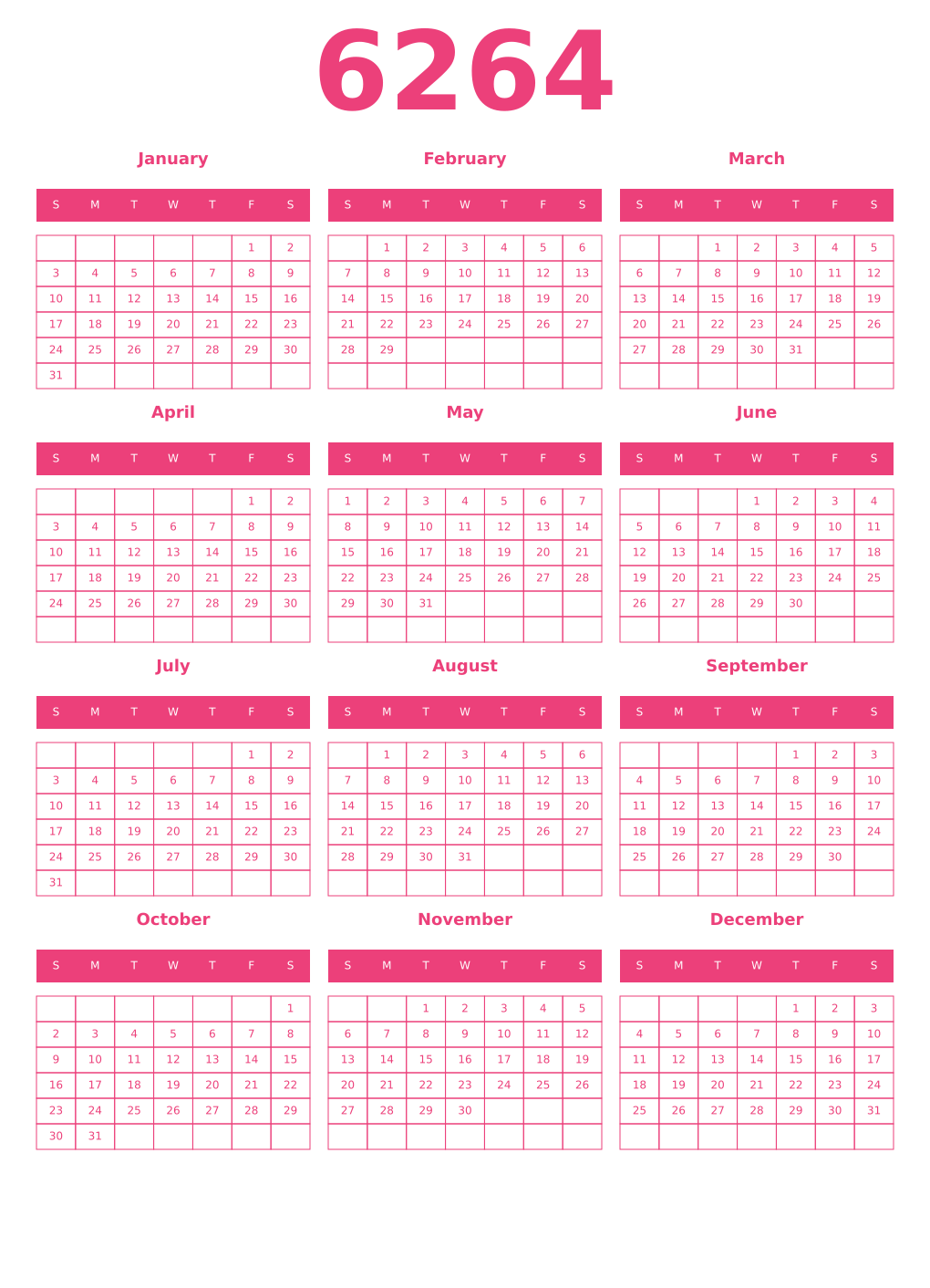 Printable 6264 Year Calendars pink