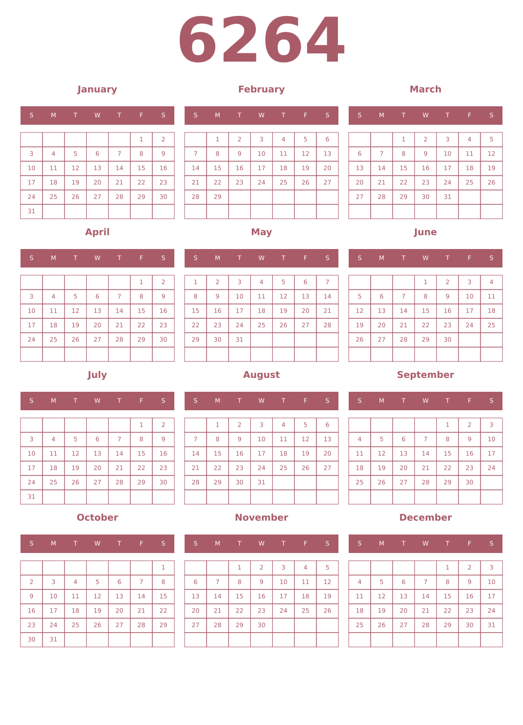 Printable 6264 Year Calendars puce