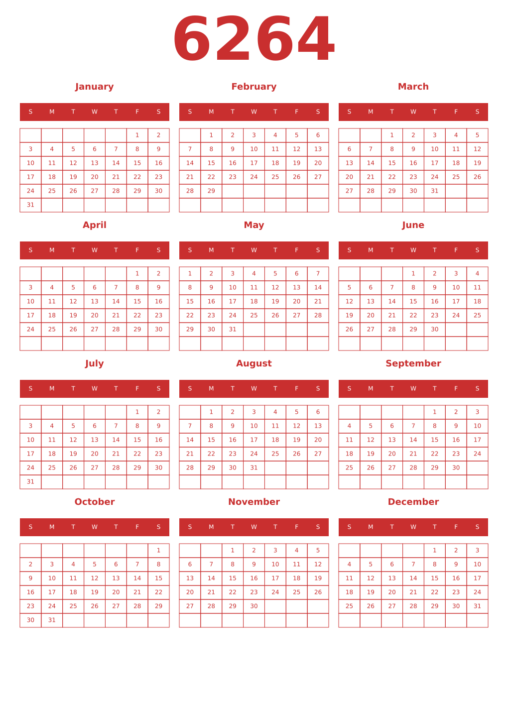 Printable 6264 Year Calendars red