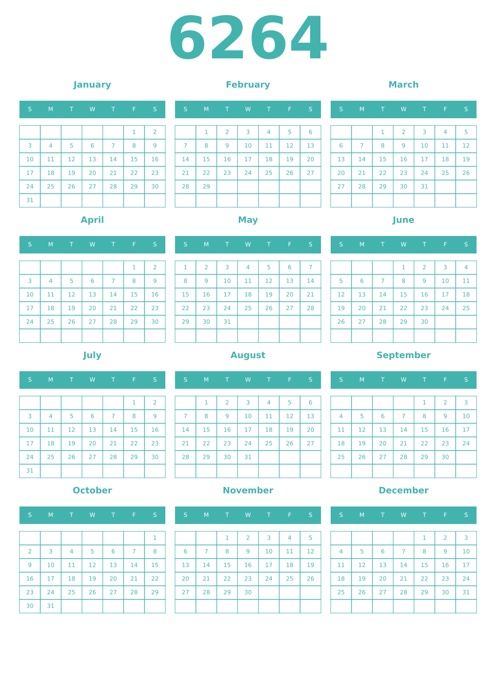 Printable 6264 Year Calendars verdigris