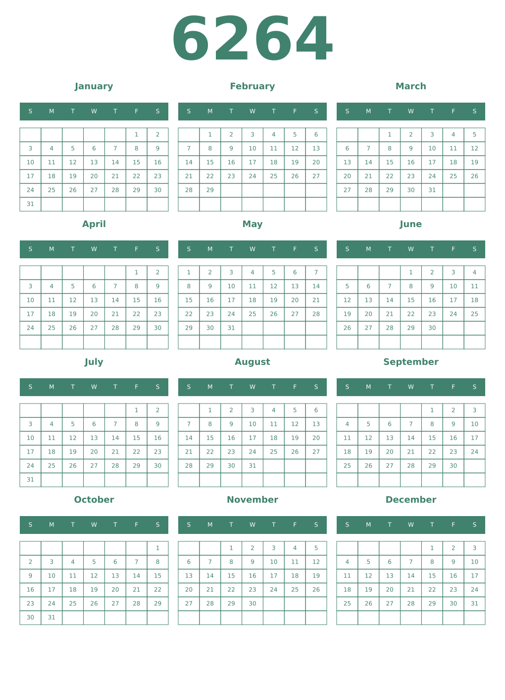 Printable 6264 Year Calendars viridian