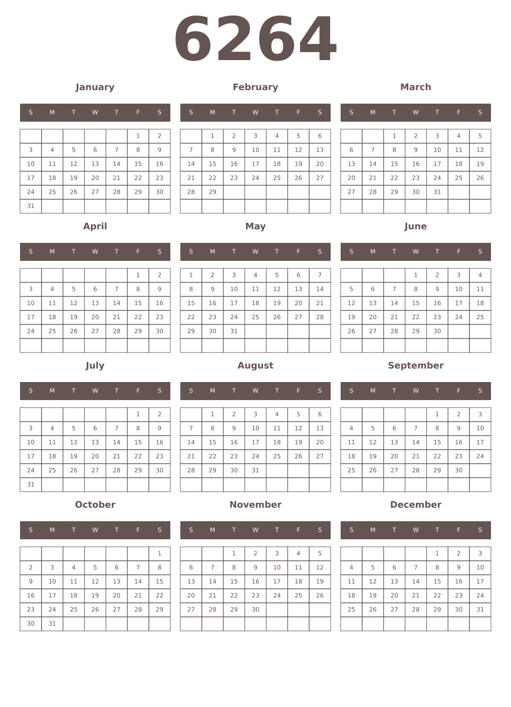 Printable 6264 Year Calendars wenge