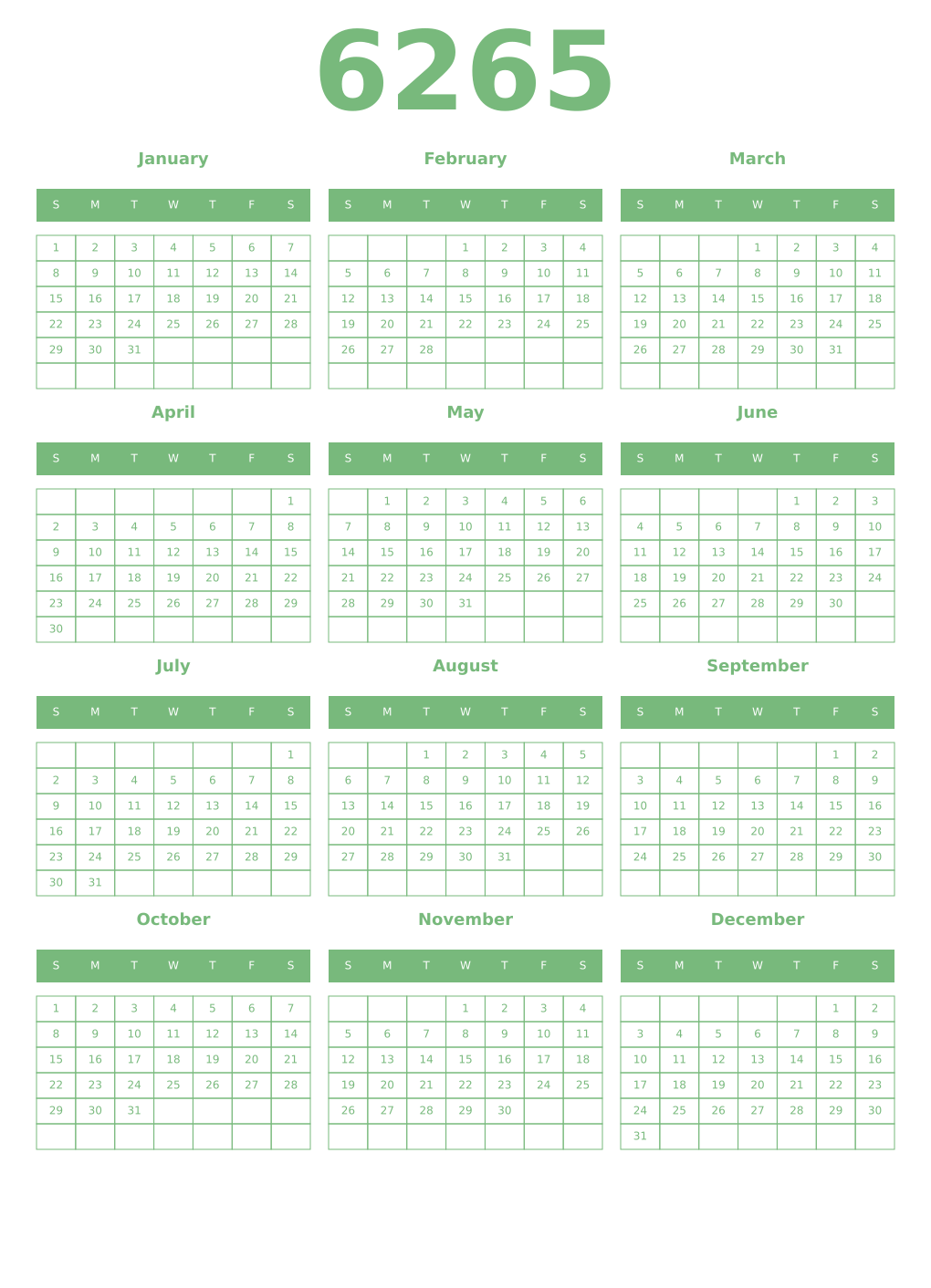 Printable 6265 Year Calendars celadon