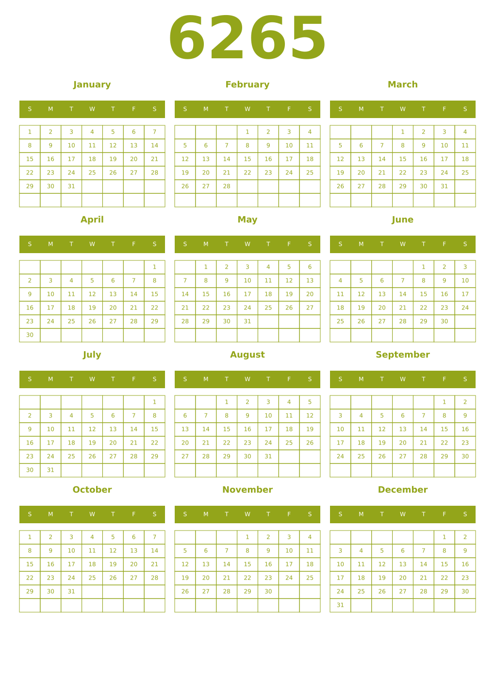 Printable 6265 Year Calendars chartreuse