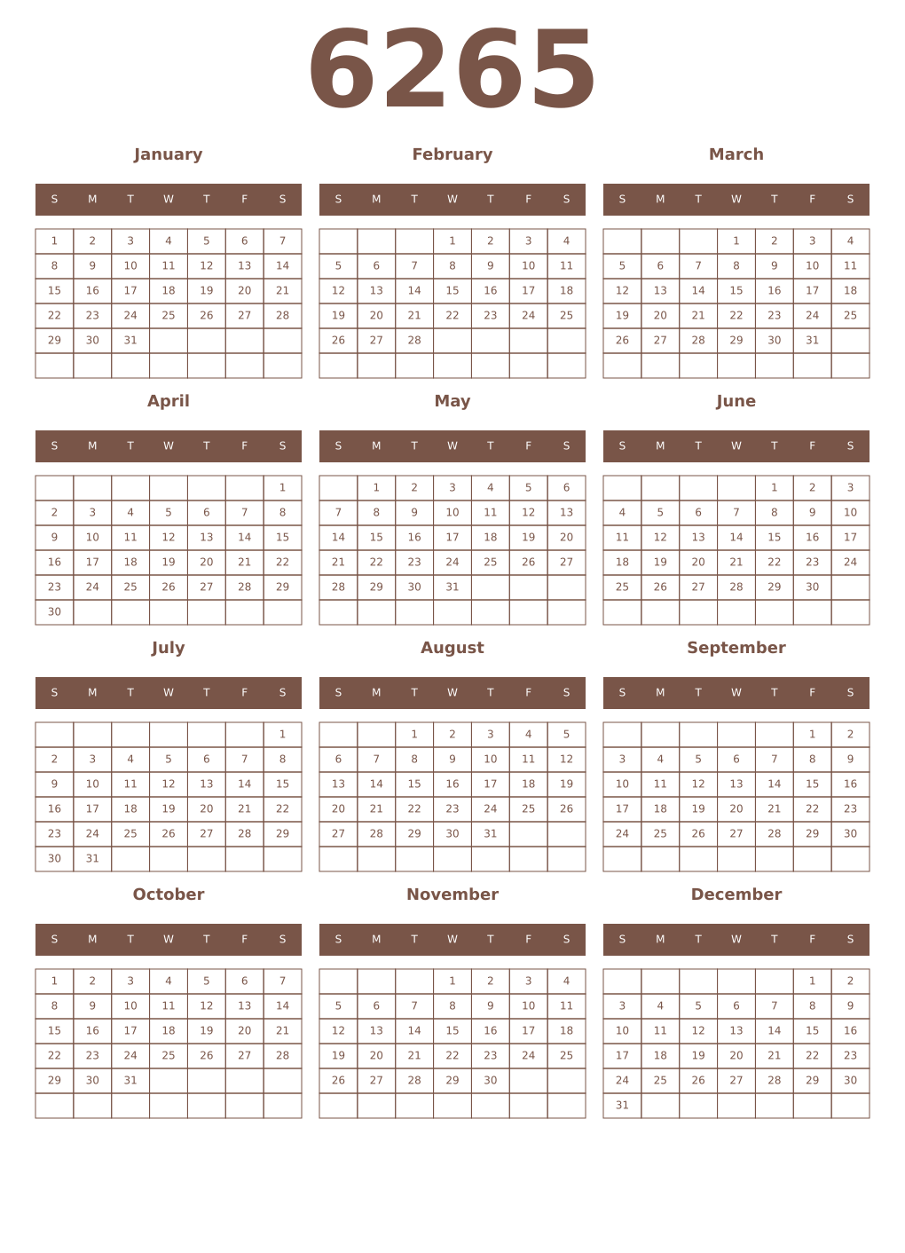 Printable 6265 Year Calendars coffe