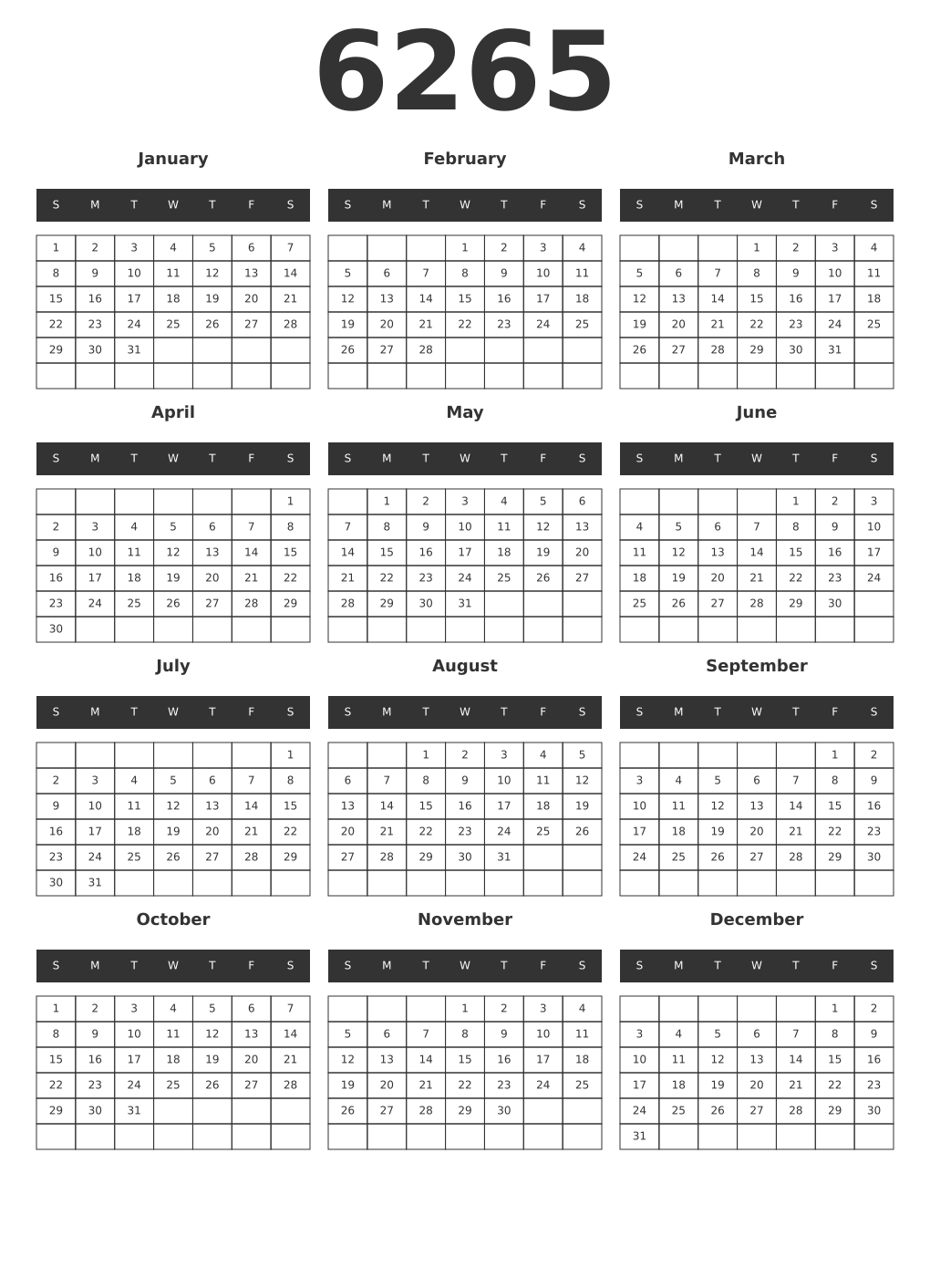 Printable 6265 Year Calendars dark
