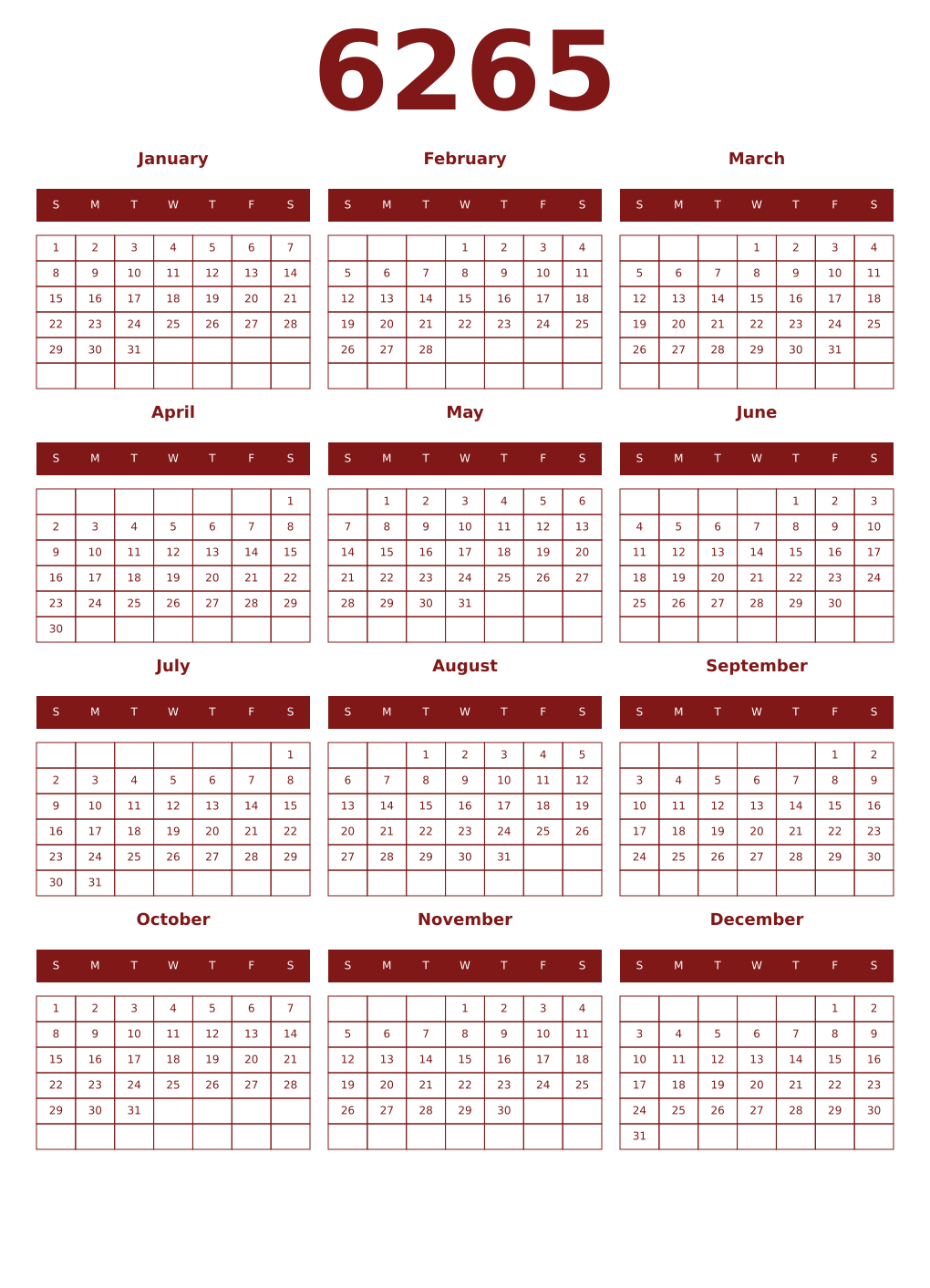 Printable 6265 Year Calendars falu