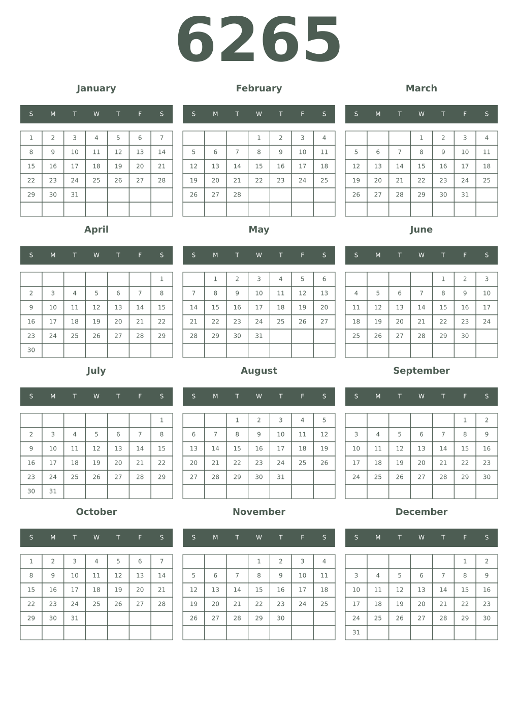 Printable 6265 Year Calendars feldgrau
