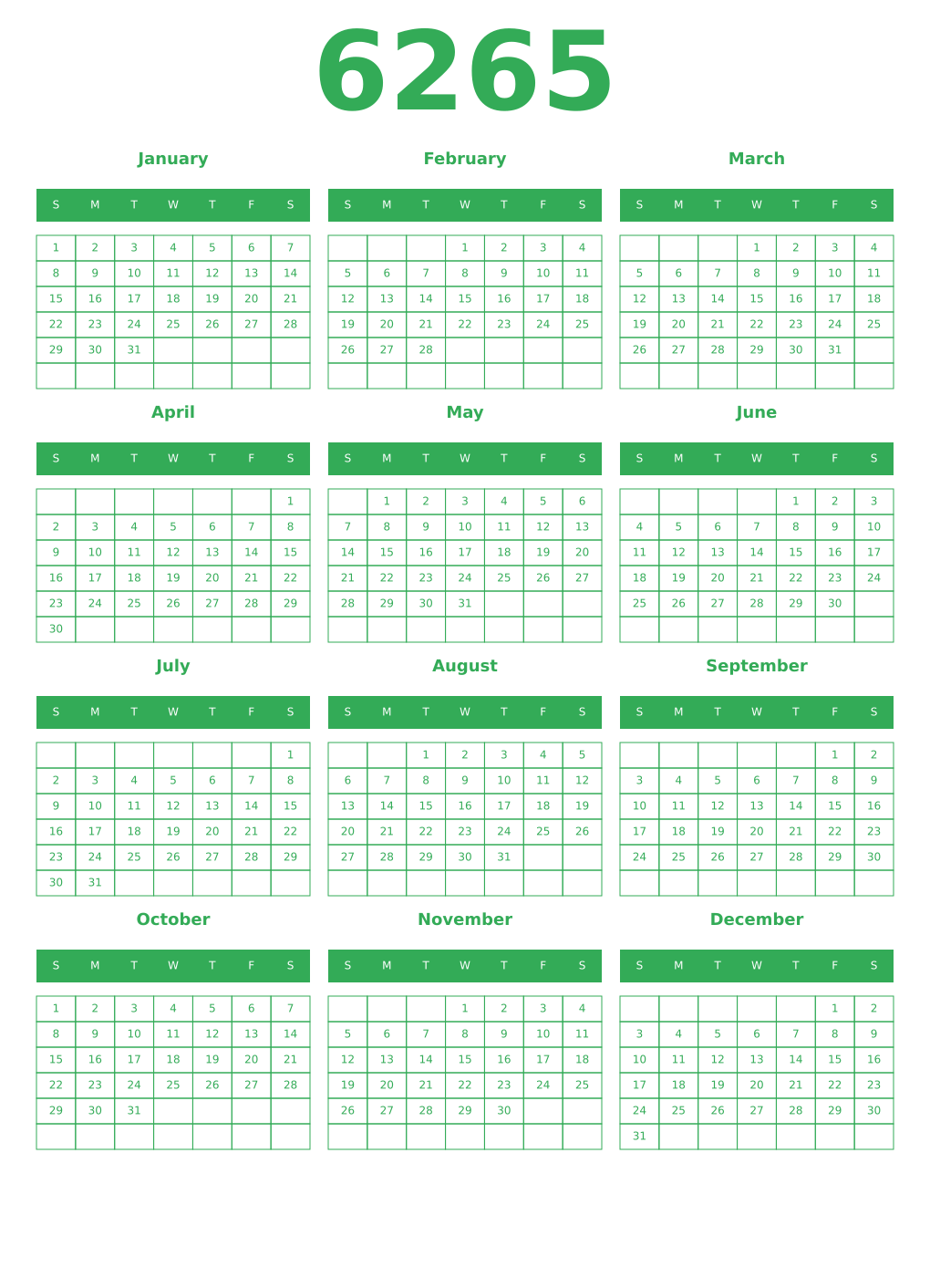Printable 6265 Year Calendars green