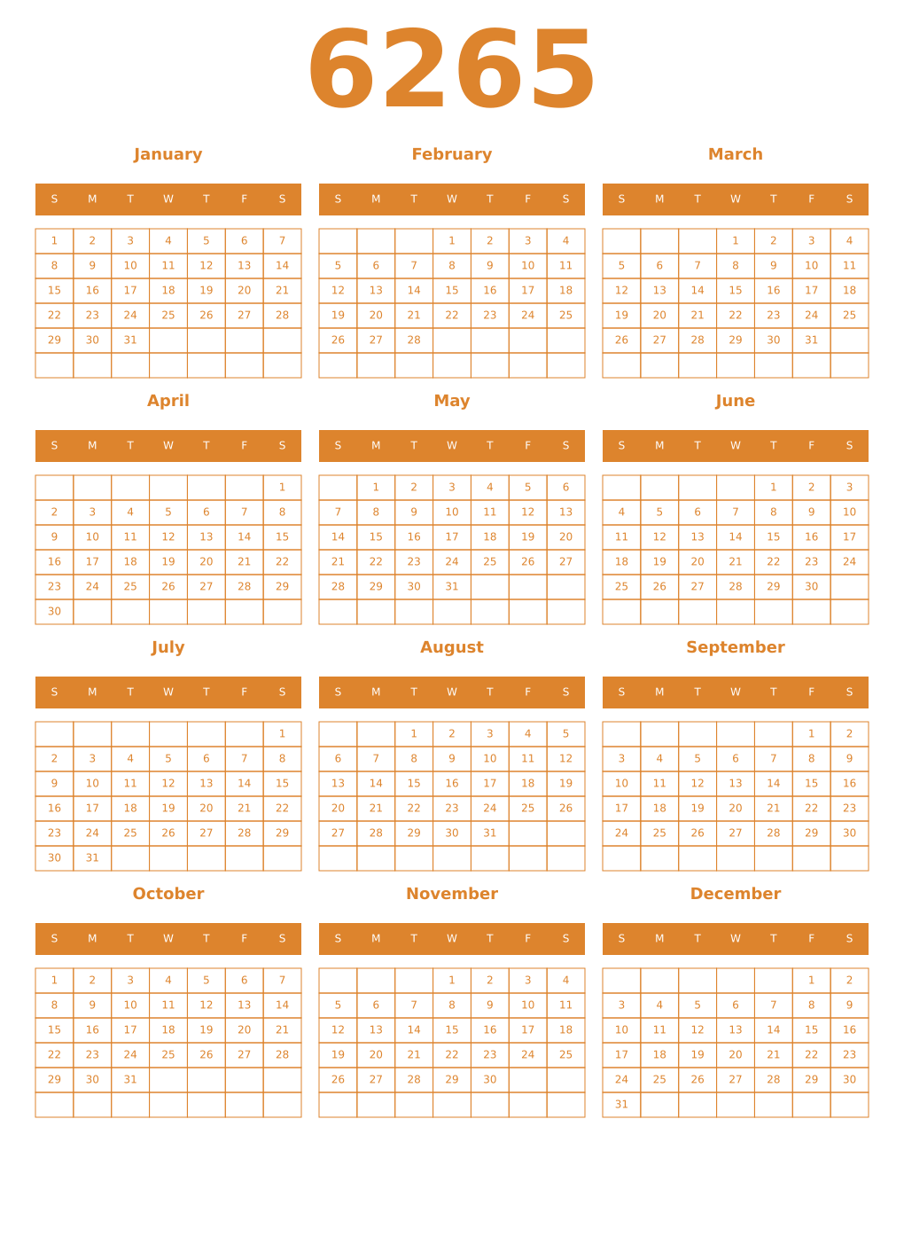 Printable 6265 Year Calendars orange