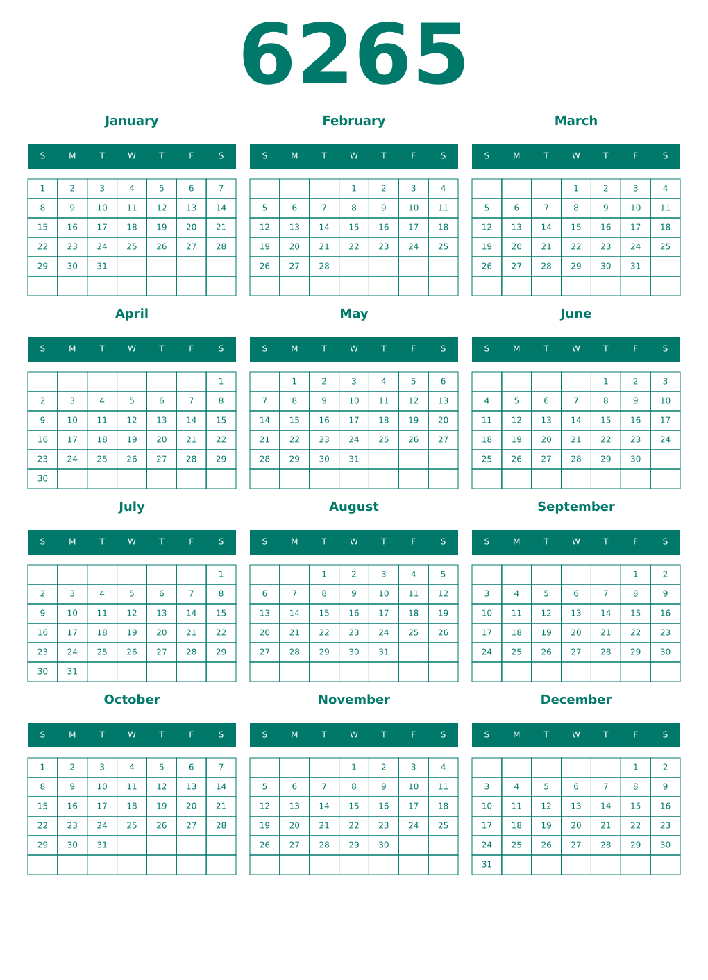 Printable 6265 Year Calendars pastel