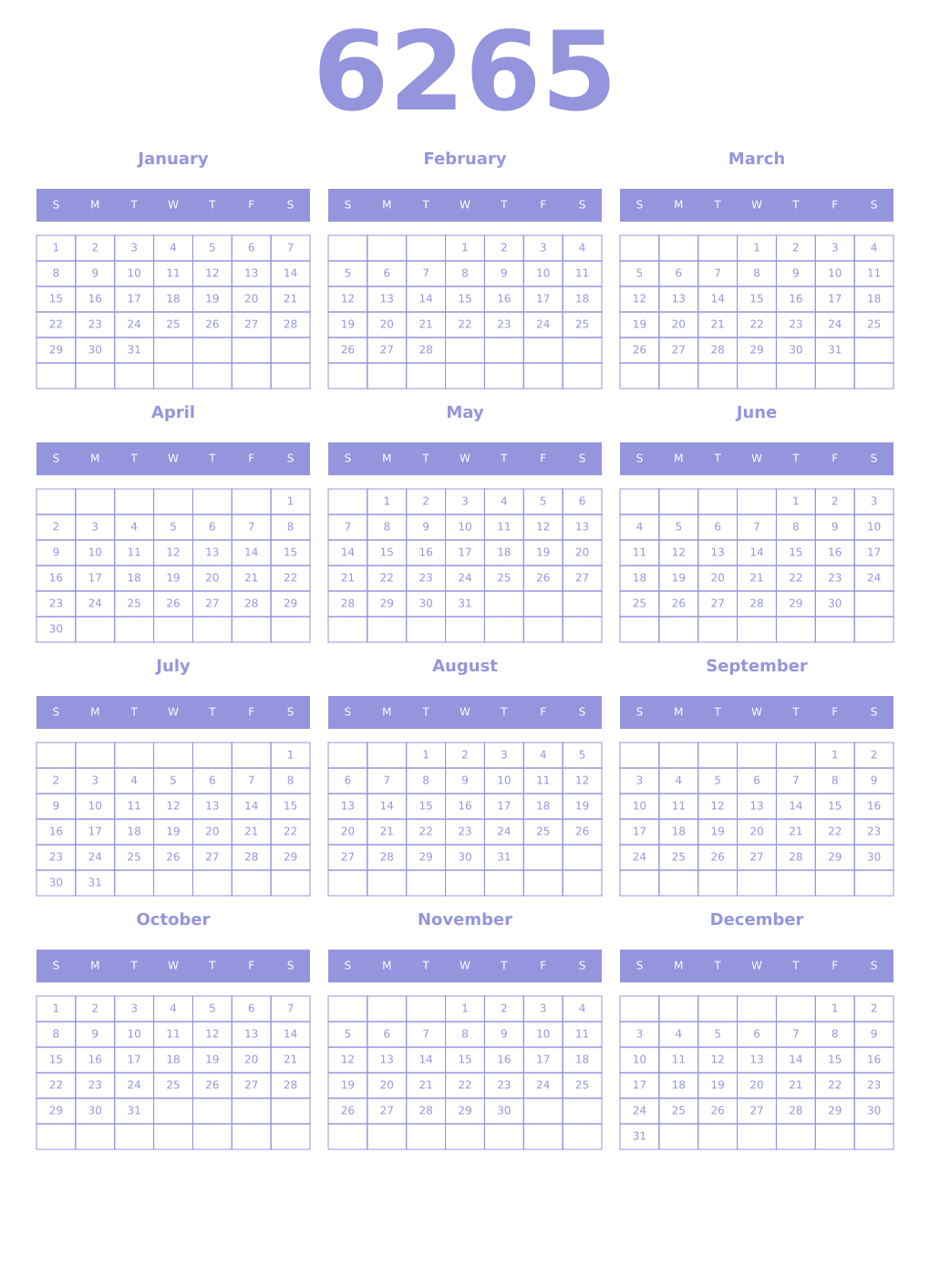 Printable 6265 Year Calendars periwinkle