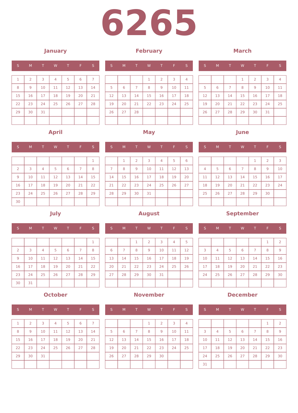 Printable 6265 Year Calendars puce