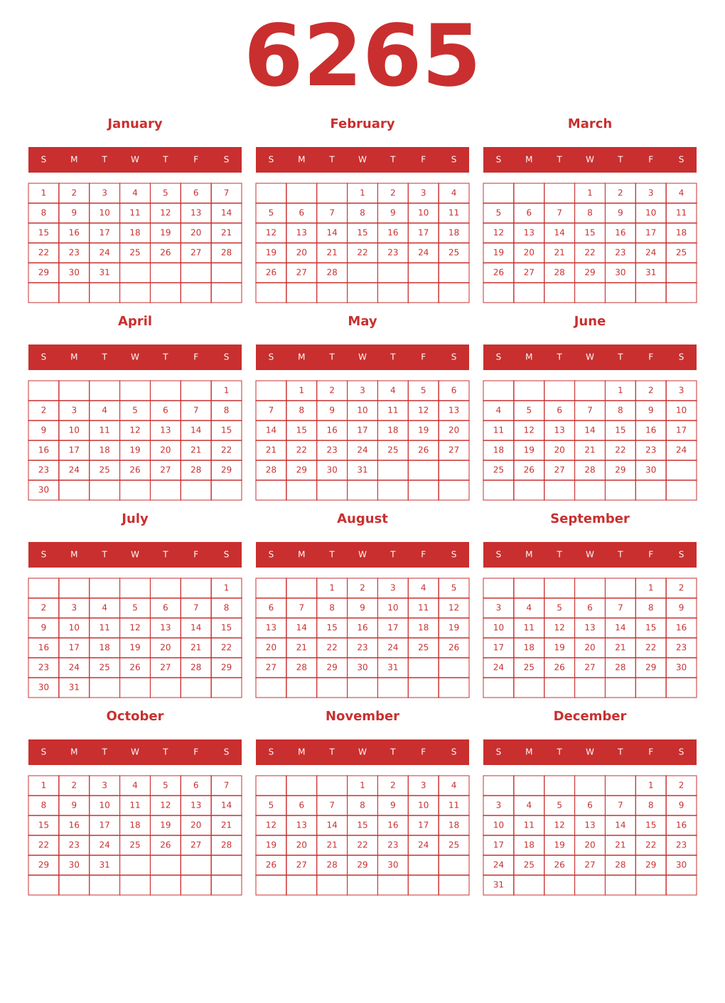 Printable 6265 Year Calendars red