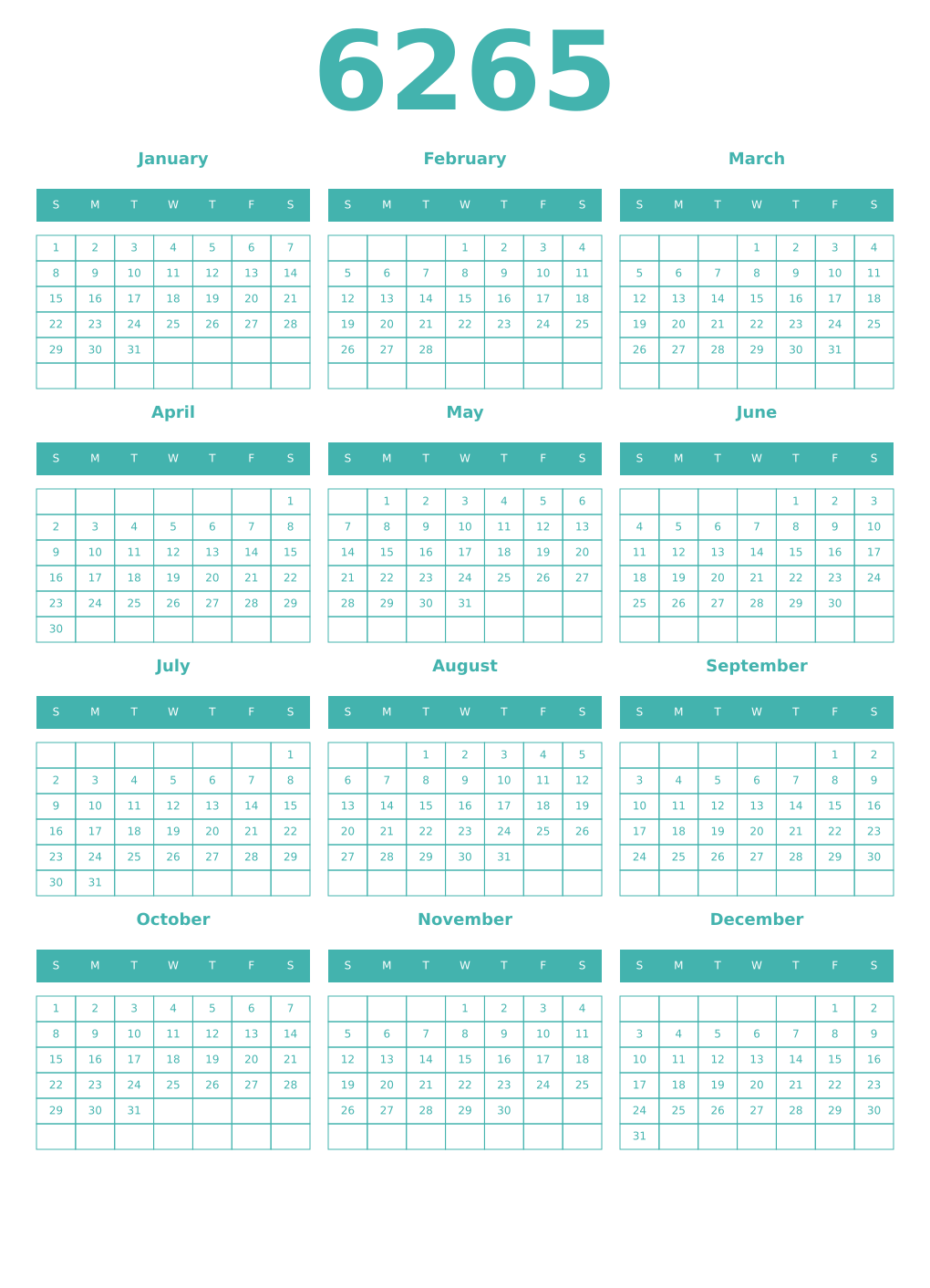 Printable 6265 Year Calendars verdigris