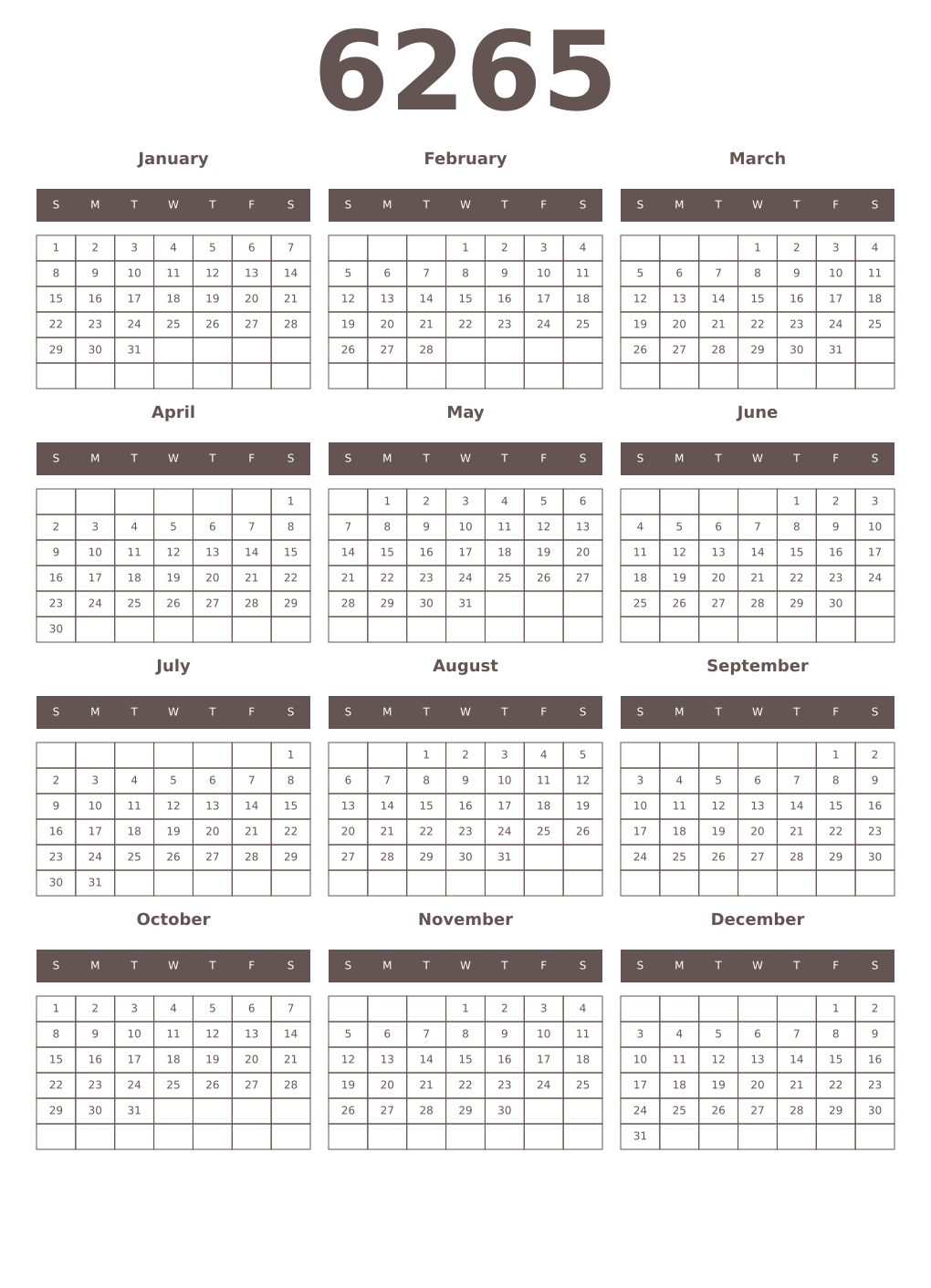 Printable 6265 Year Calendars wenge