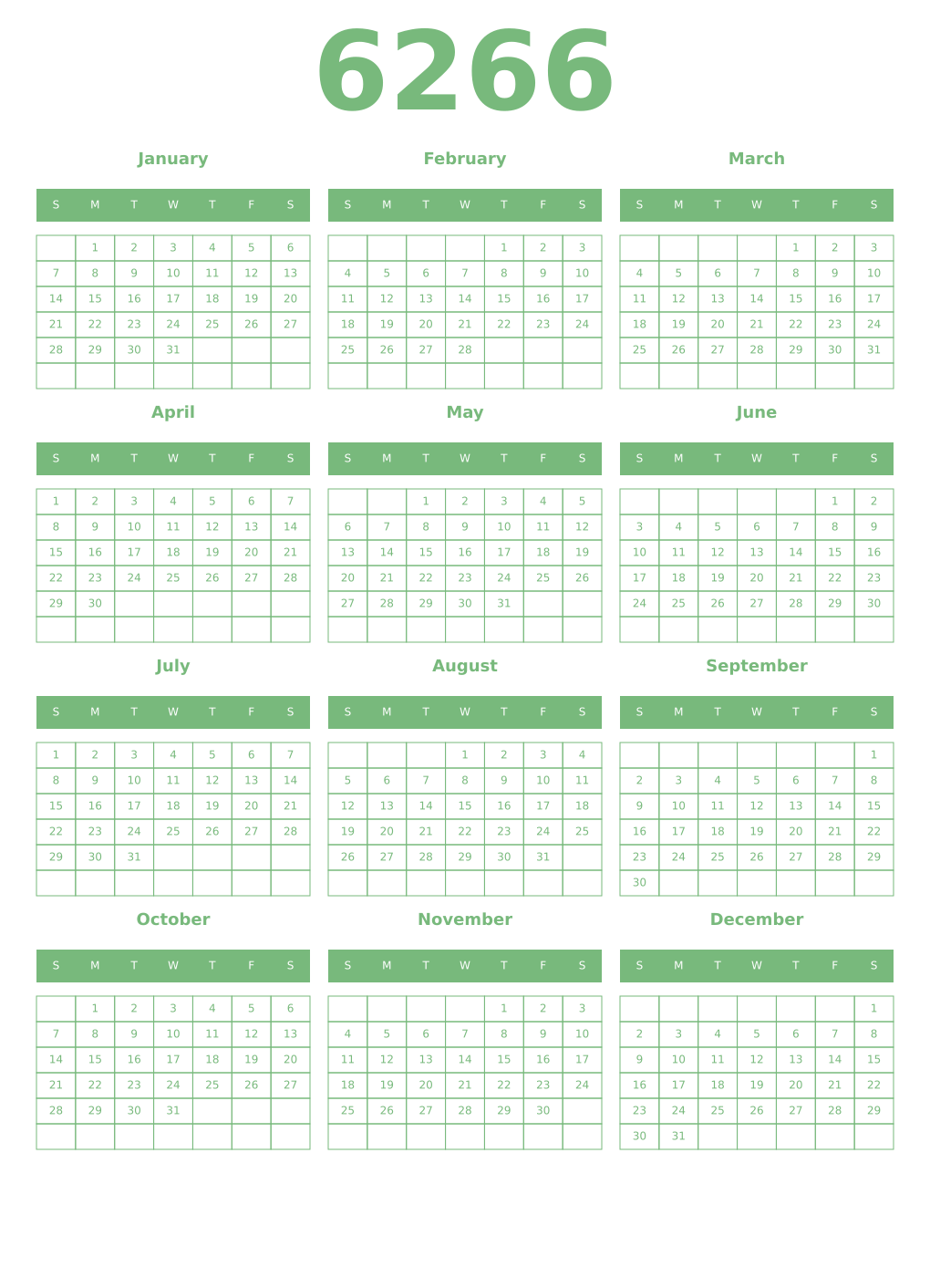 Printable 6266 Year Calendars celadon