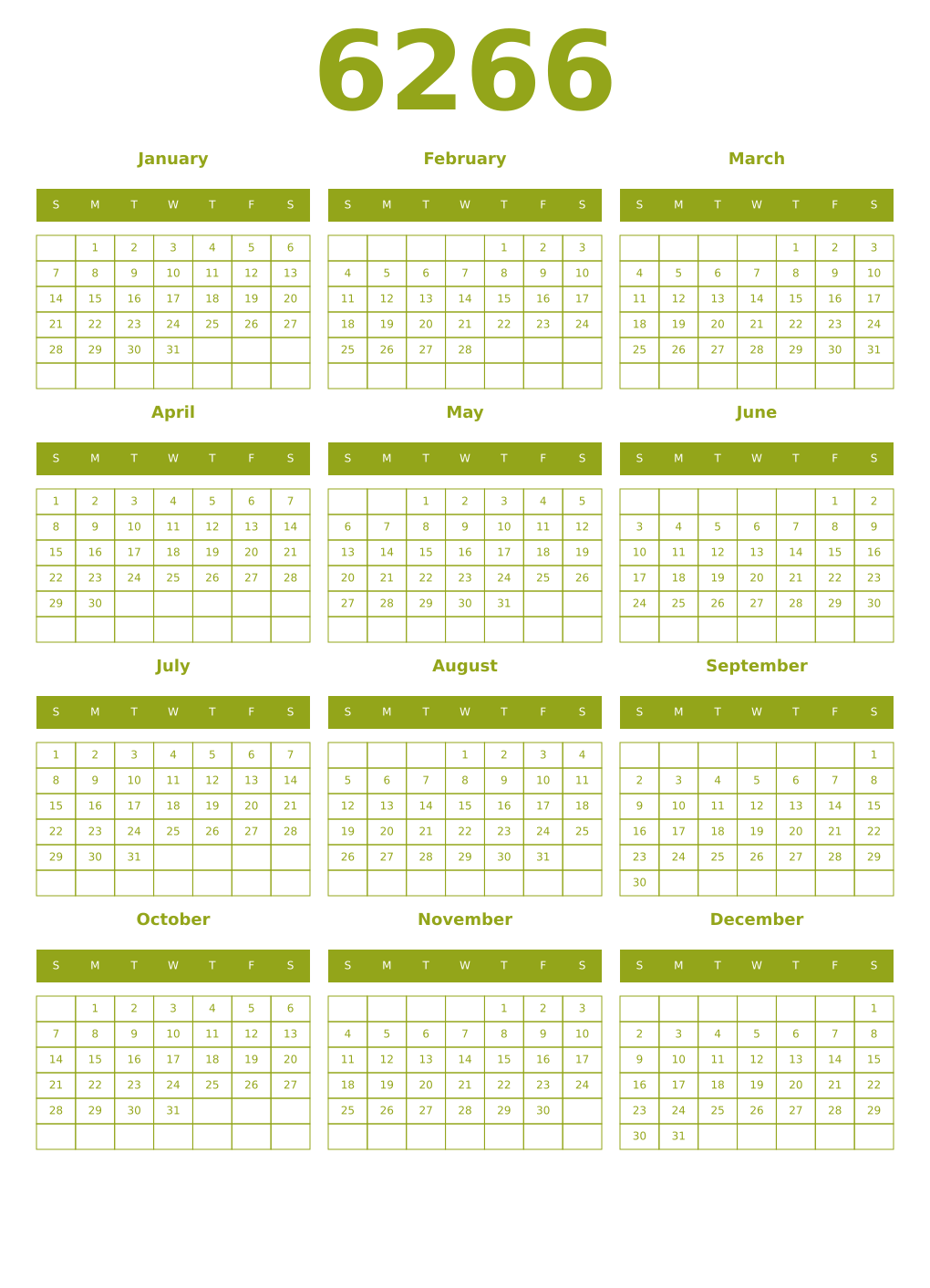 Printable 6266 Year Calendars chartreuse