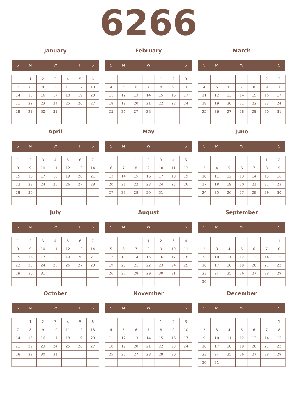 Printable 6266 Year Calendars coffe