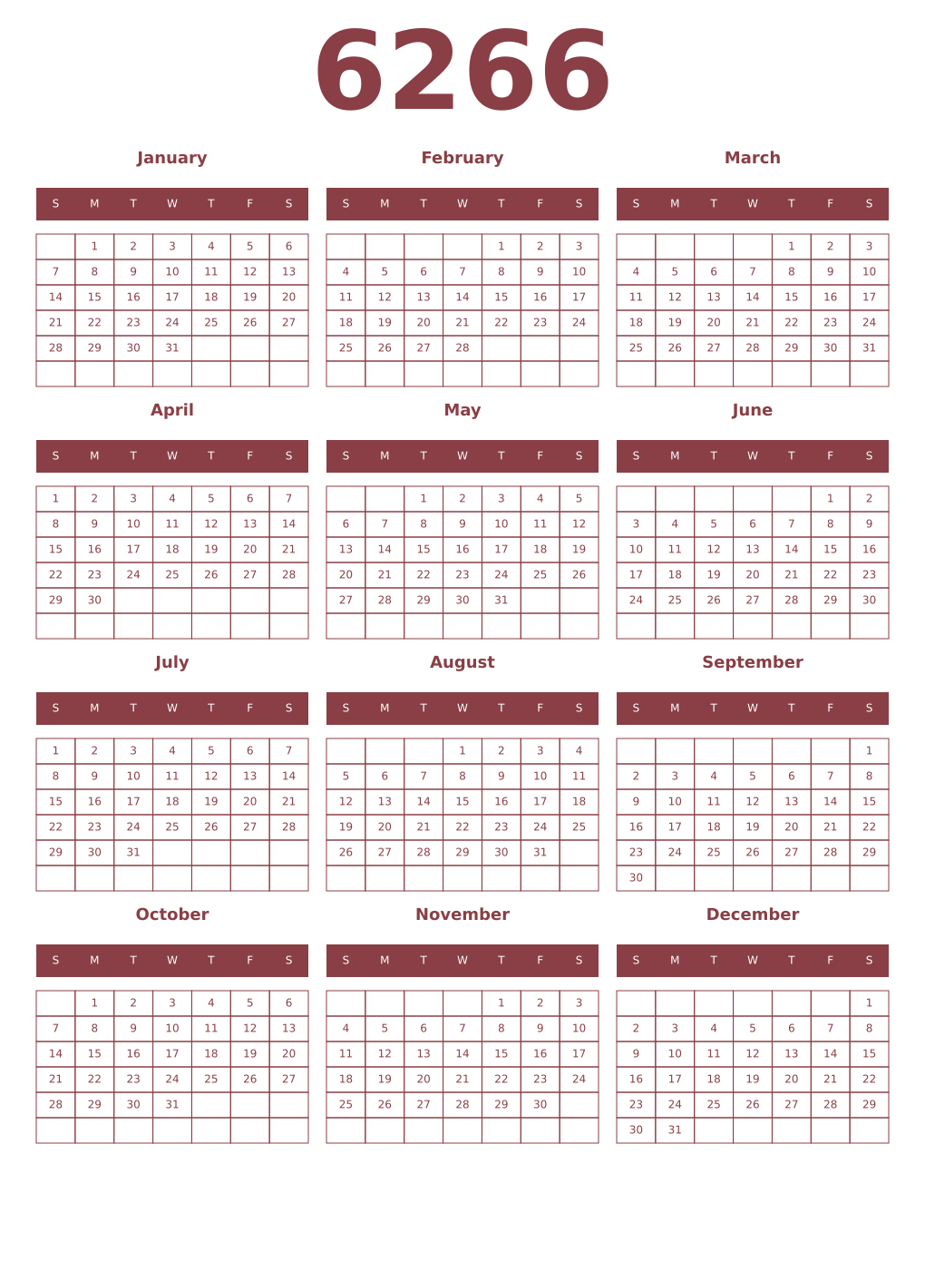 Printable 6266 Year Calendars cordovan