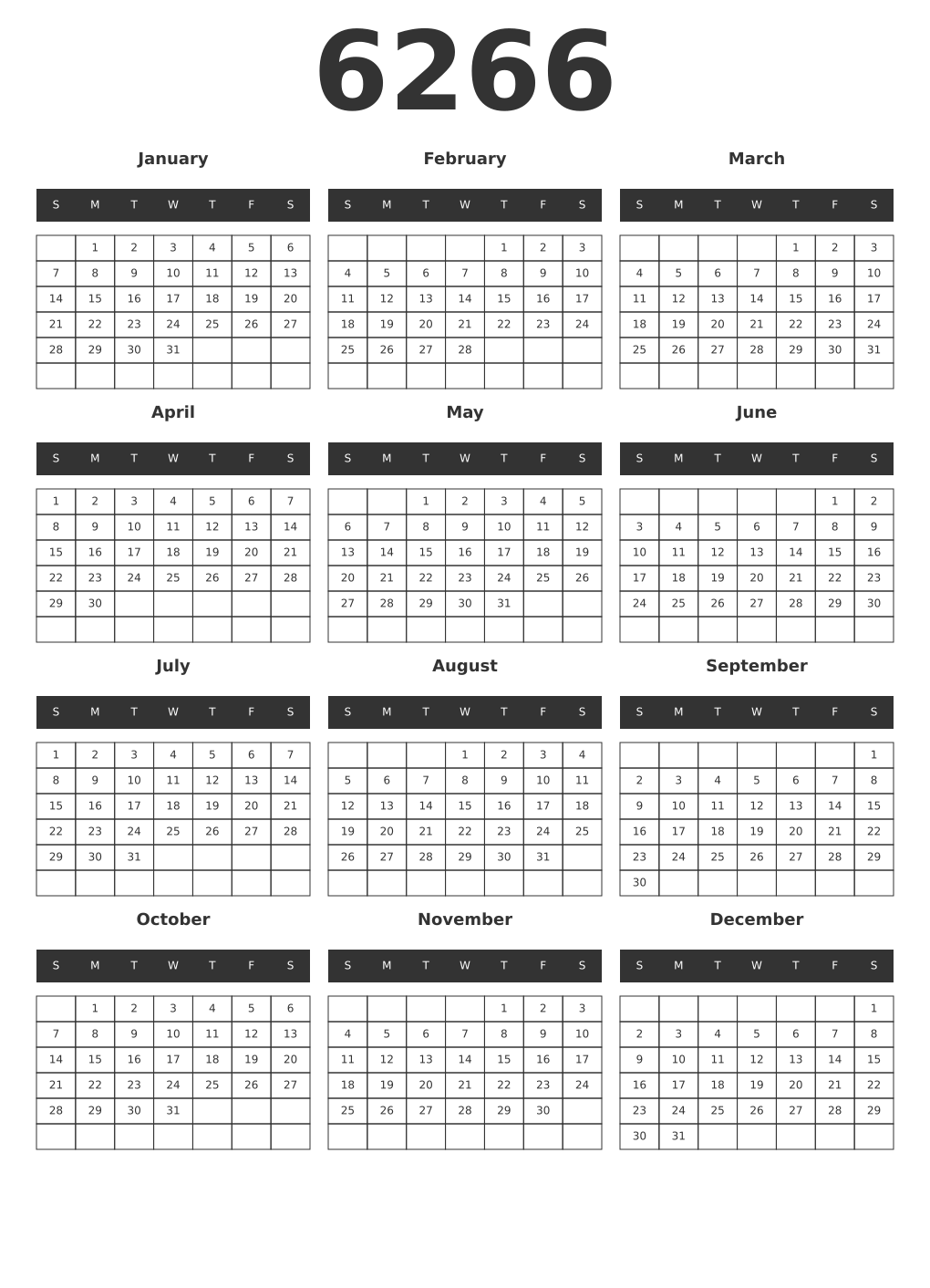 Printable 6266 Year Calendars dark