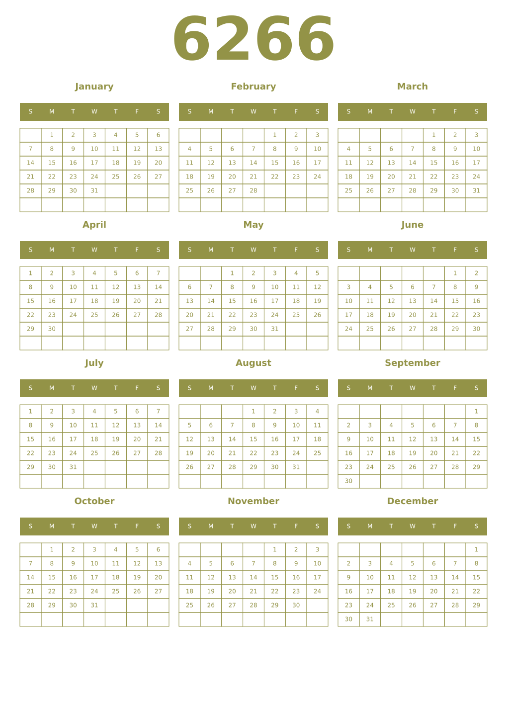 Printable 6266 Year Calendars eburnean