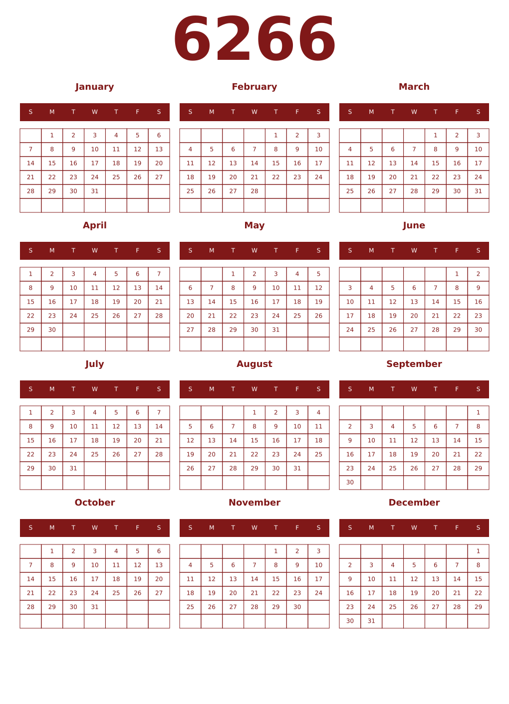 Printable 6266 Year Calendars falu