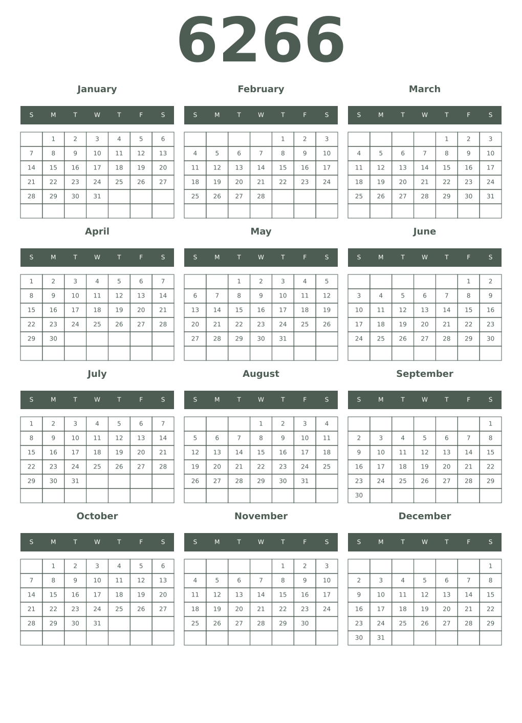 Printable 6266 Year Calendars feldgrau