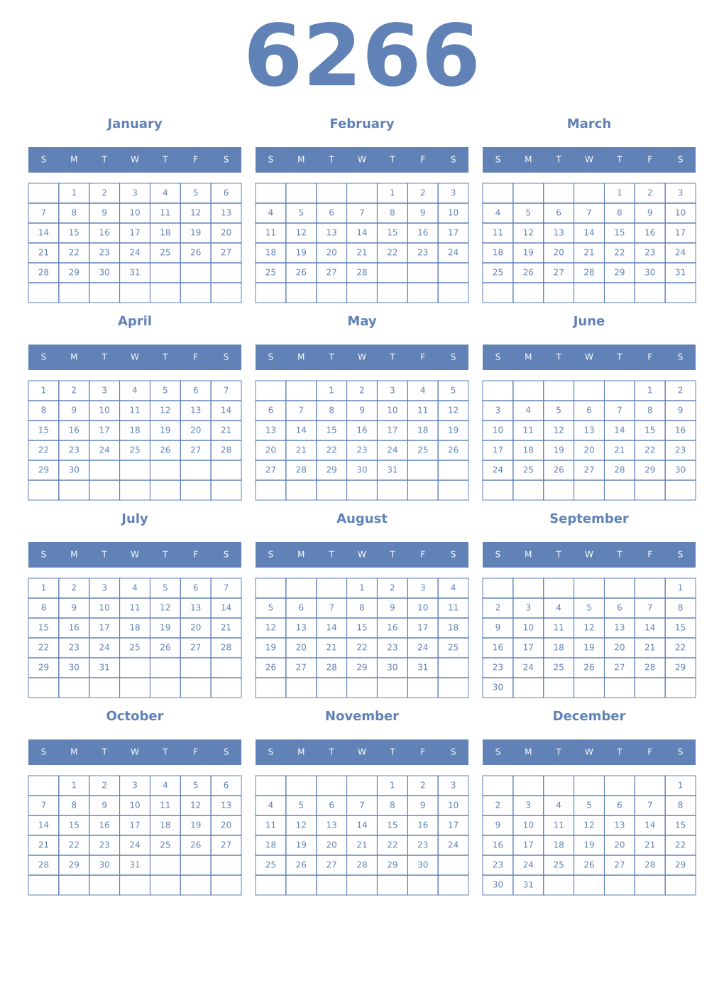 Printable 6266 Year Calendars glaucous