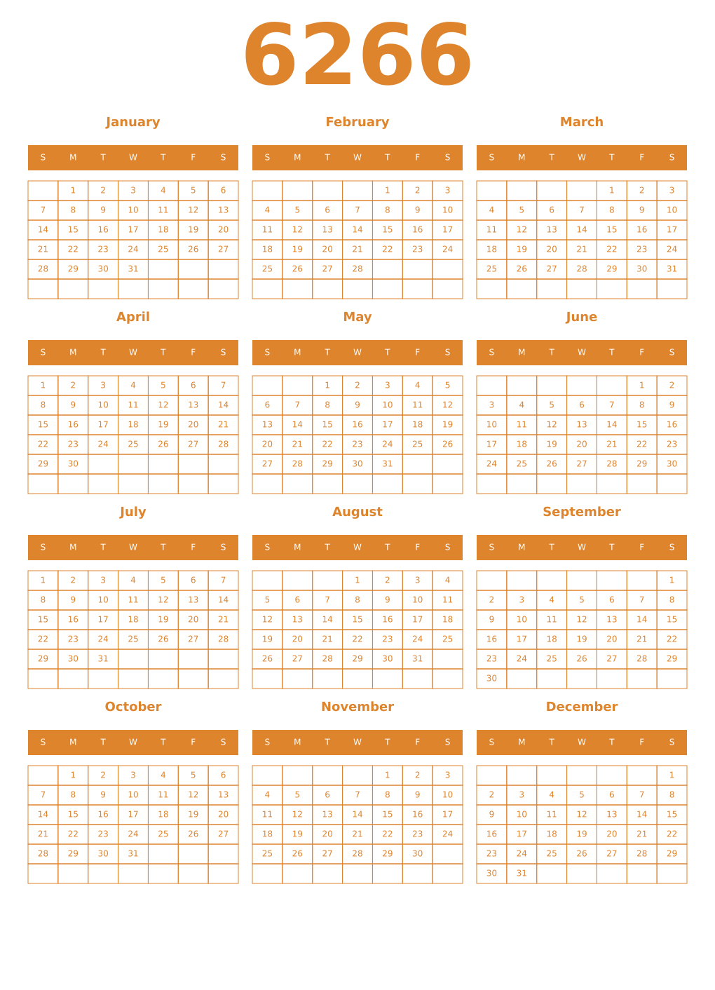 Printable 6266 Year Calendars orange