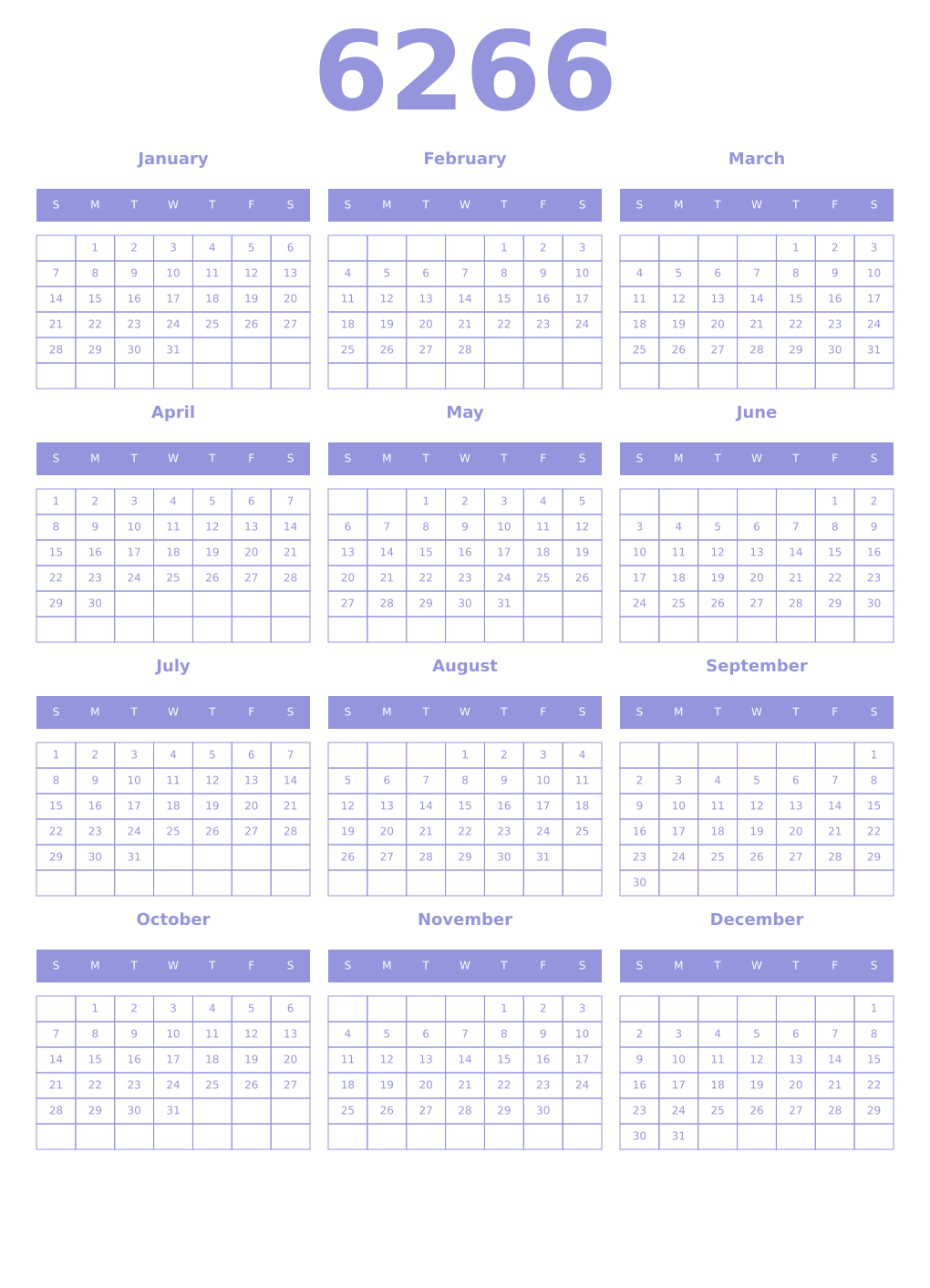Printable 6266 Year Calendars periwinkle