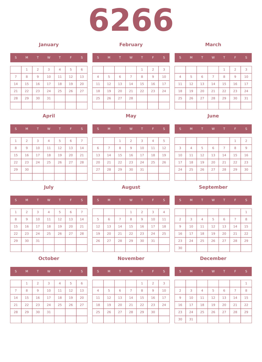 Printable 6266 Year Calendars puce