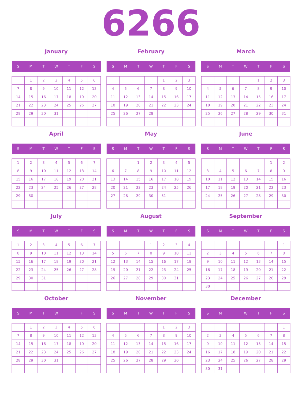 Printable 6266 Year Calendars purple