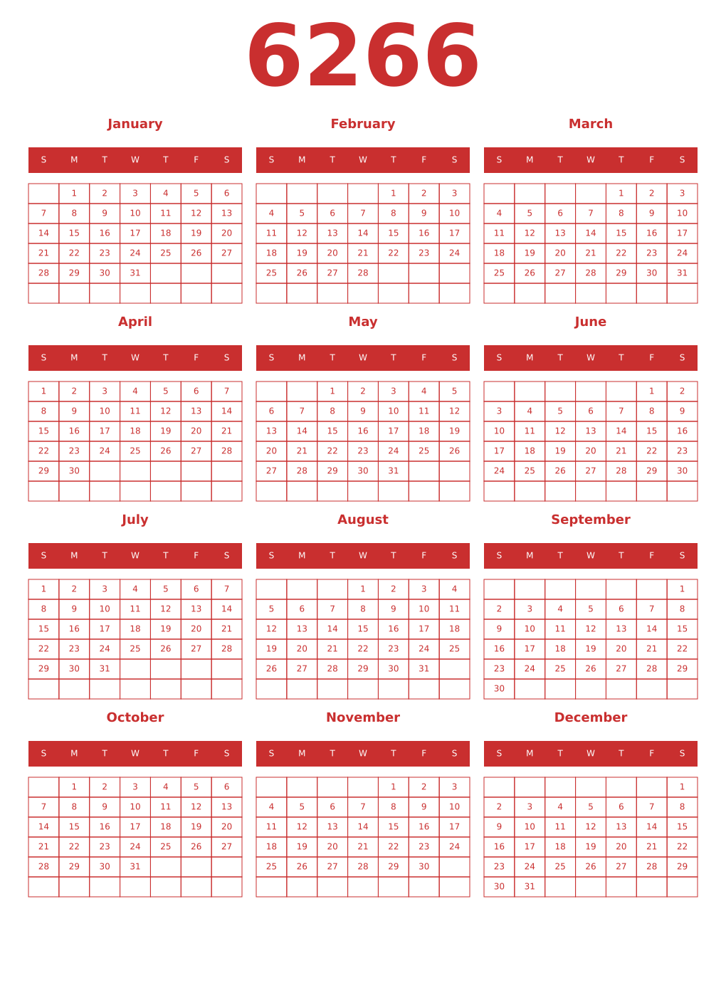 Printable 6266 Year Calendars red