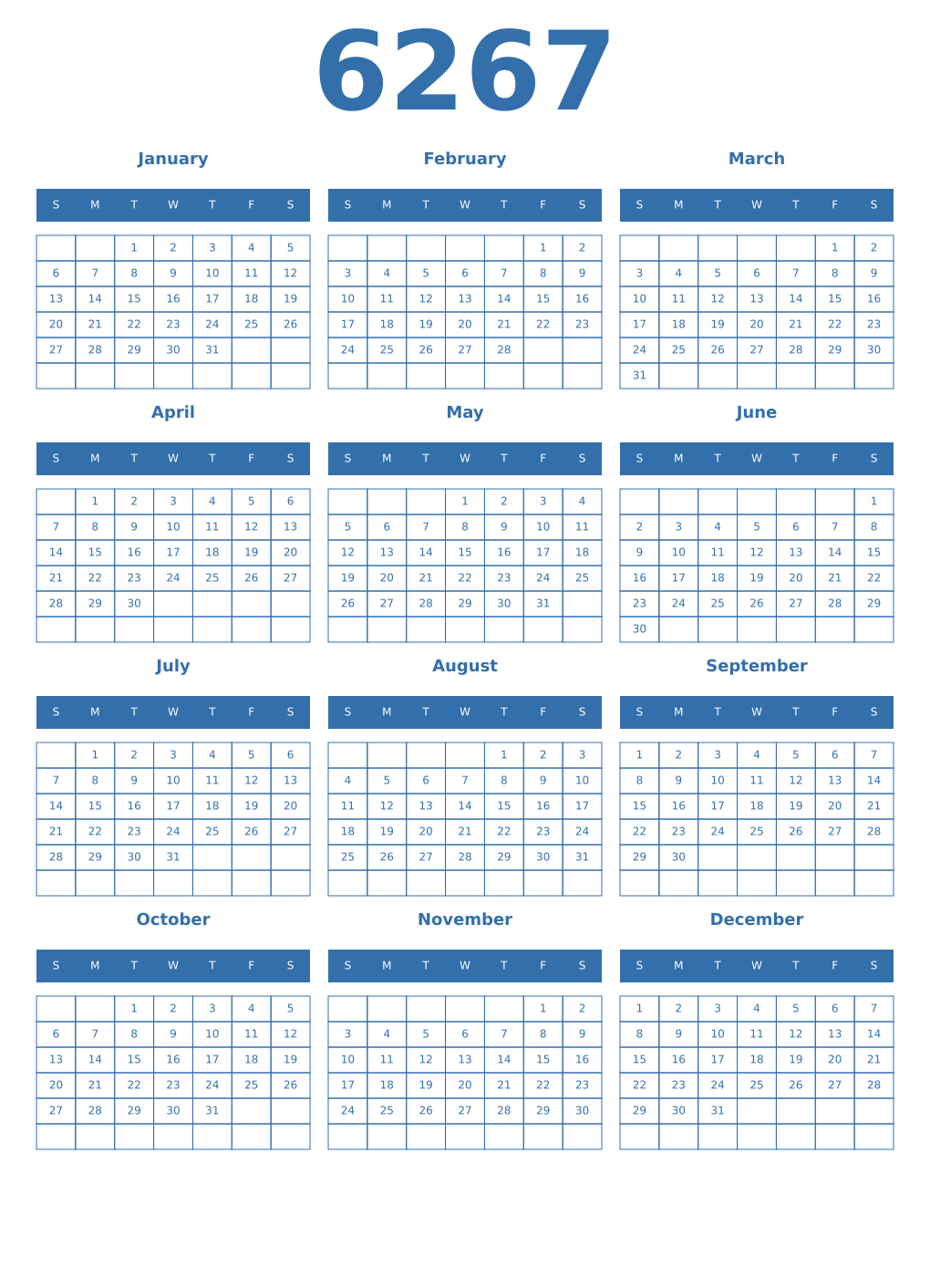 Printable 6267 Year Calendars blue