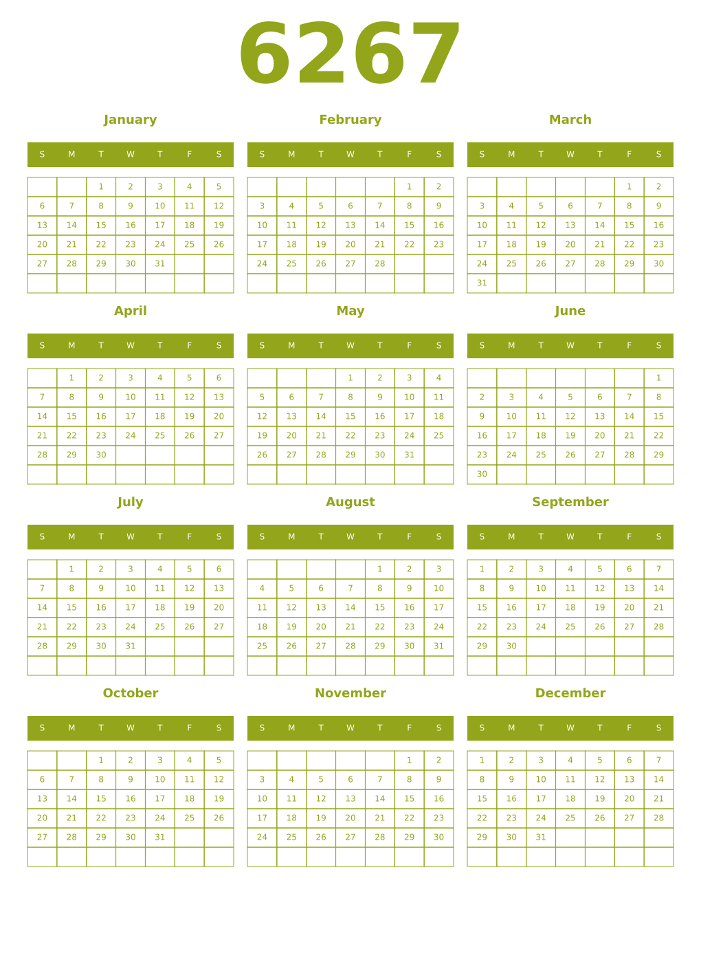 Printable 6267 Year Calendars chartreuse