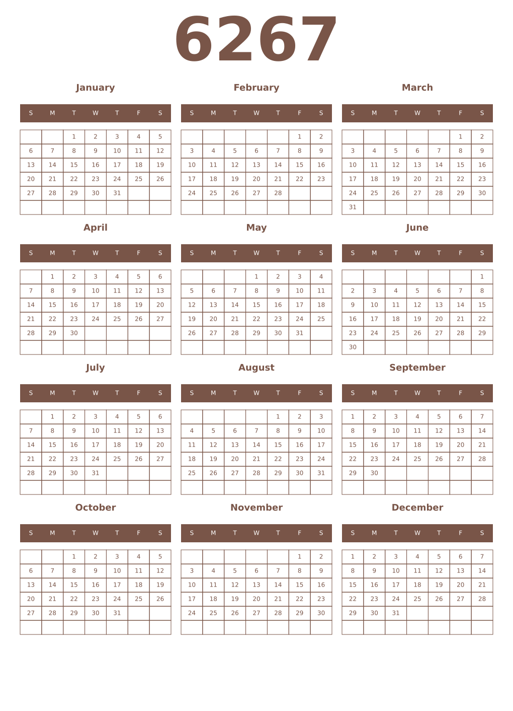 Printable 6267 Year Calendars coffe