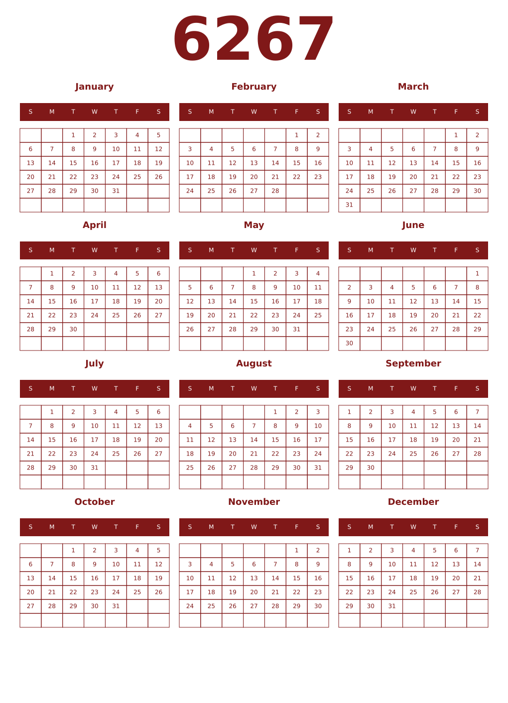 Printable 6267 Year Calendars falu