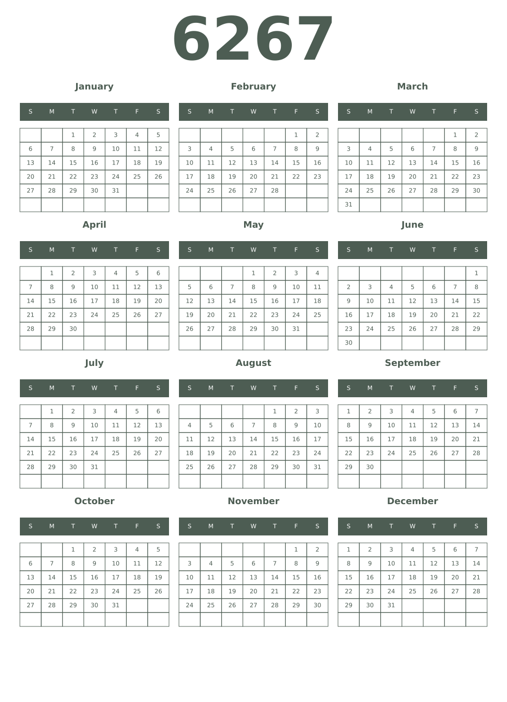 Printable 6267 Year Calendars feldgrau