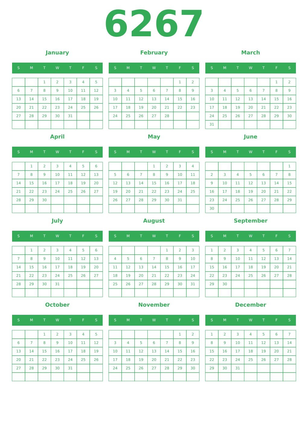 Printable 6267 Year Calendars green