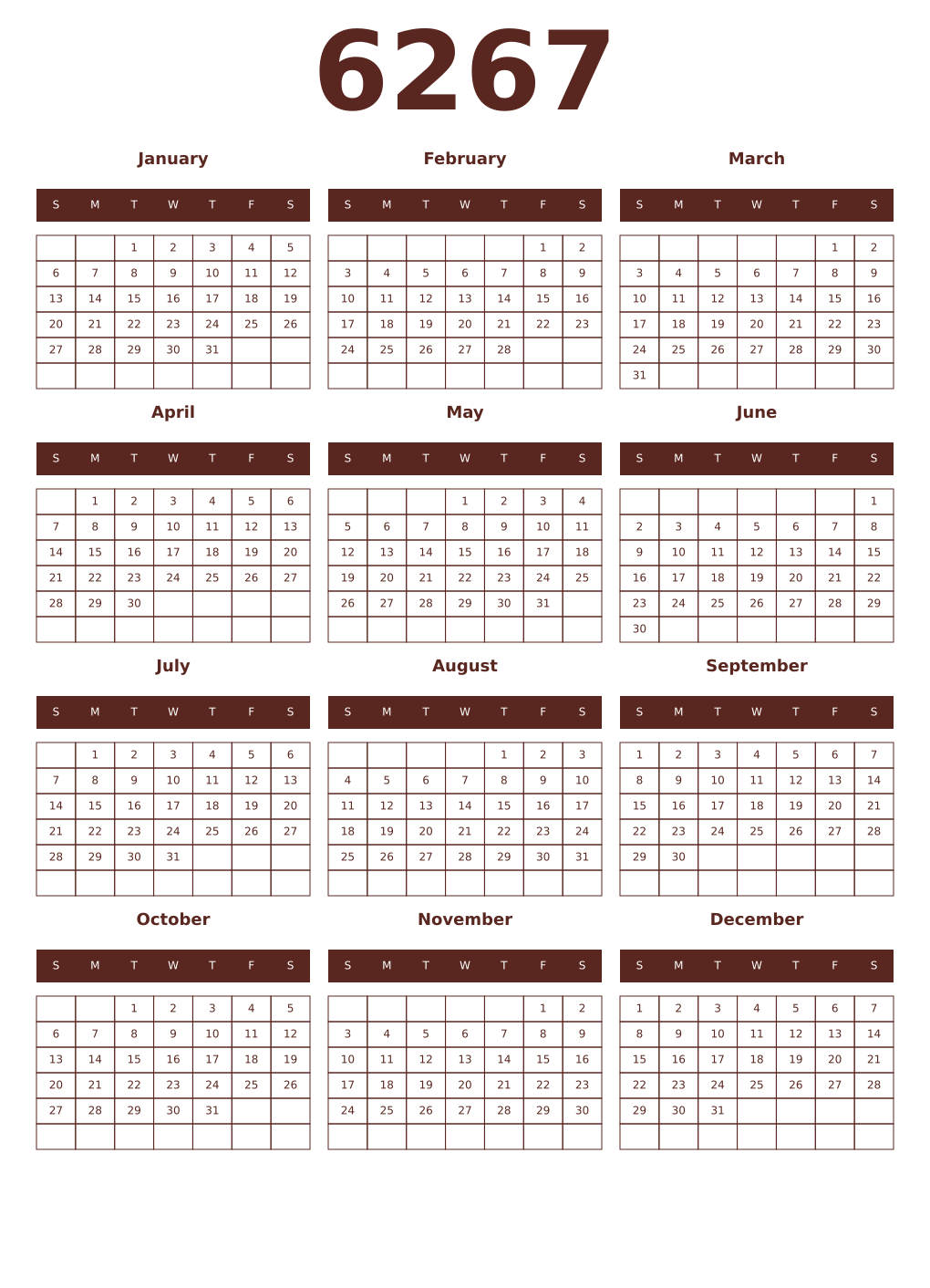 Printable 6267 Year Calendars mortuum
