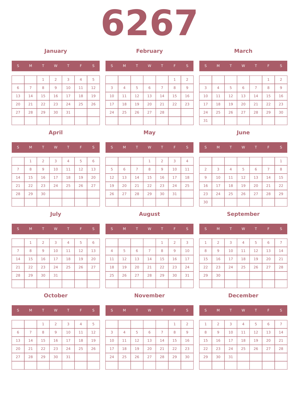 Printable 6267 Year Calendars puce
