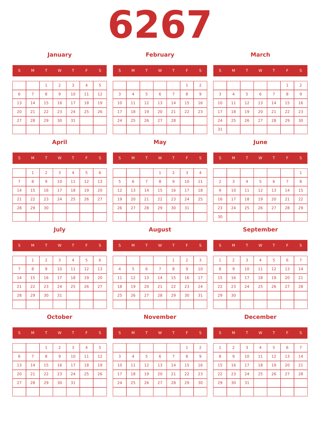 Printable 6267 Year Calendars red